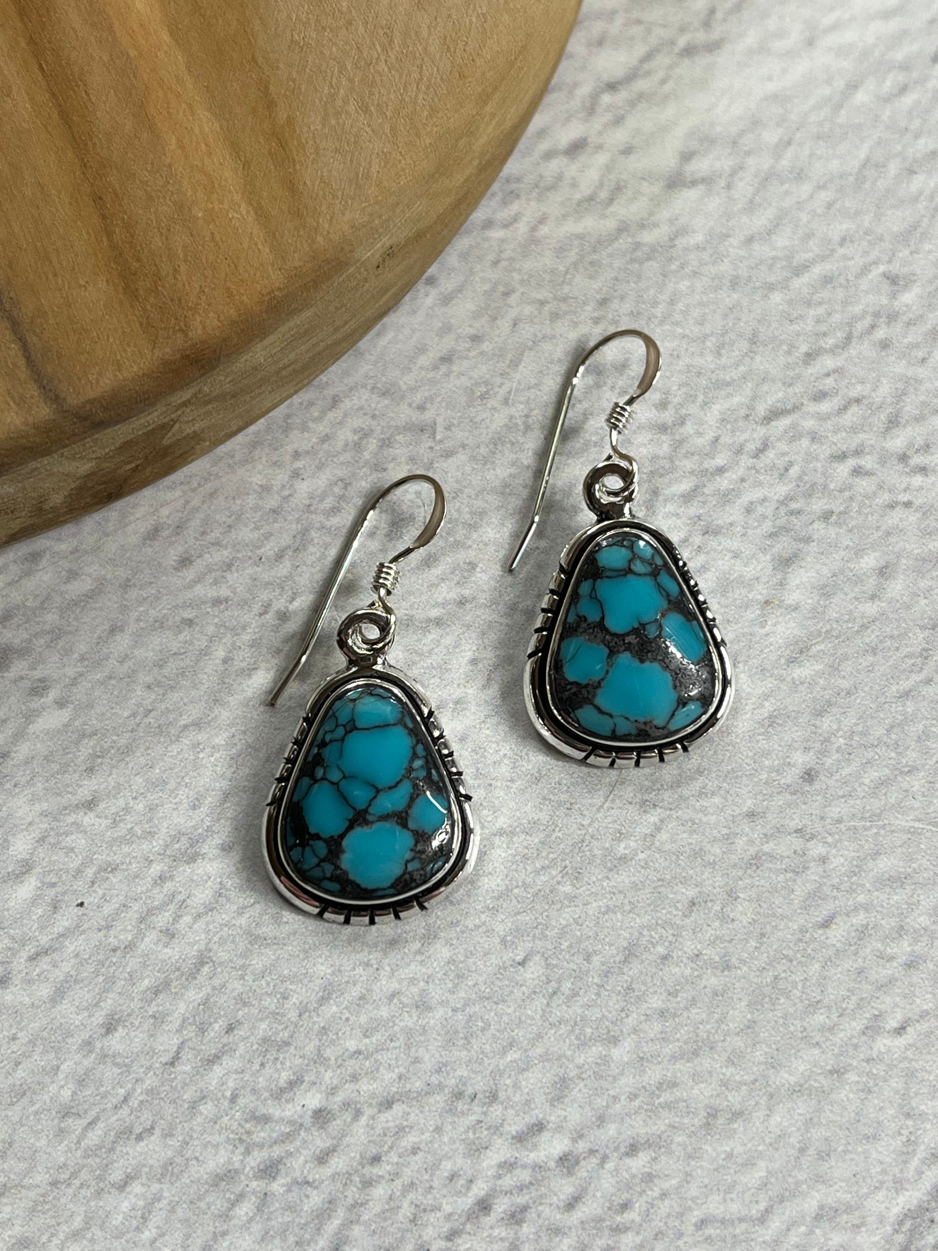 •BLUE RIDGE NEVADA TURQUOISE• Navajo silver dangle earrings