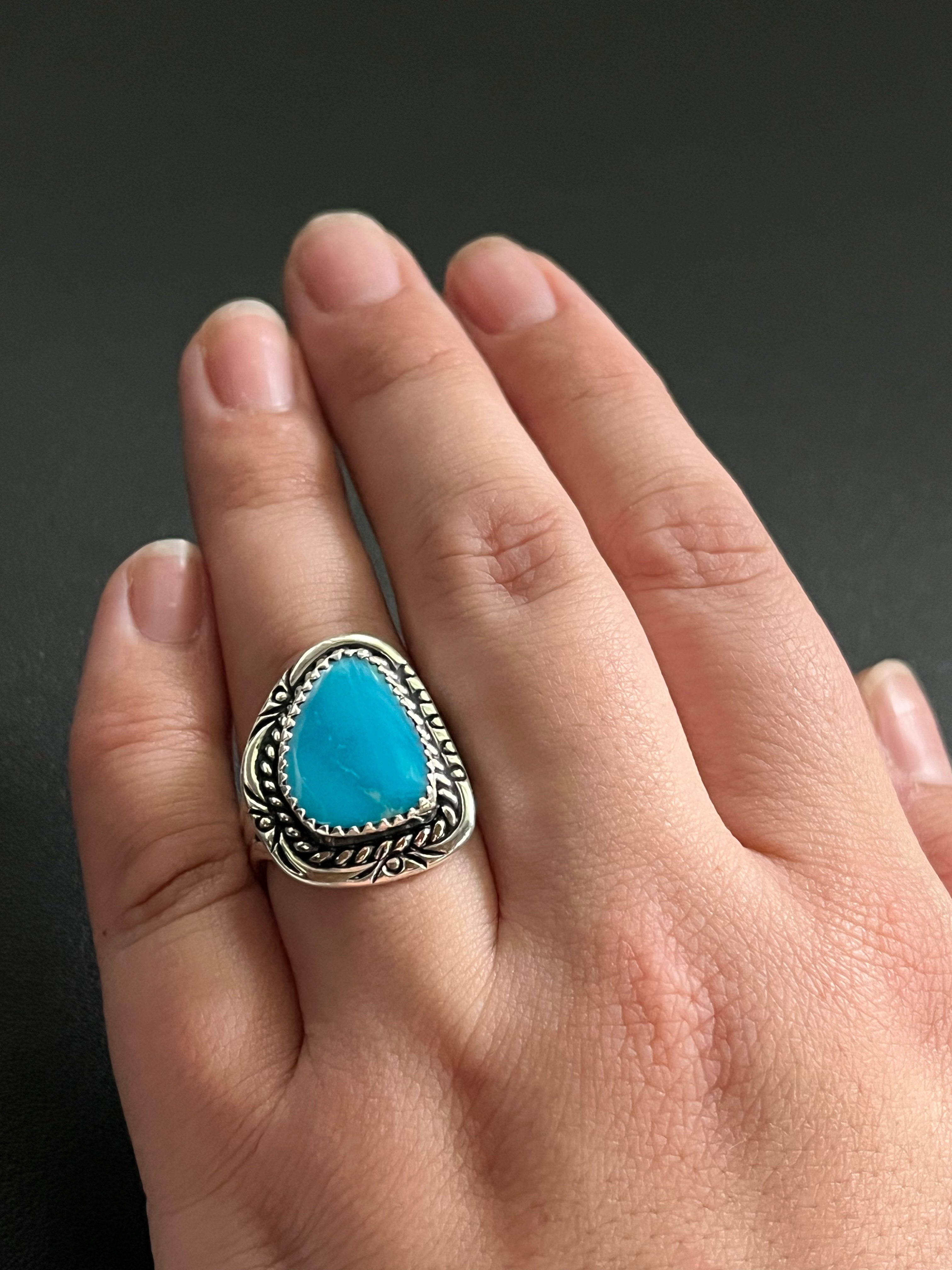 •BLUE RIDGE NEVADA TURQUOISE• Navajo silver ring (size 8.5)