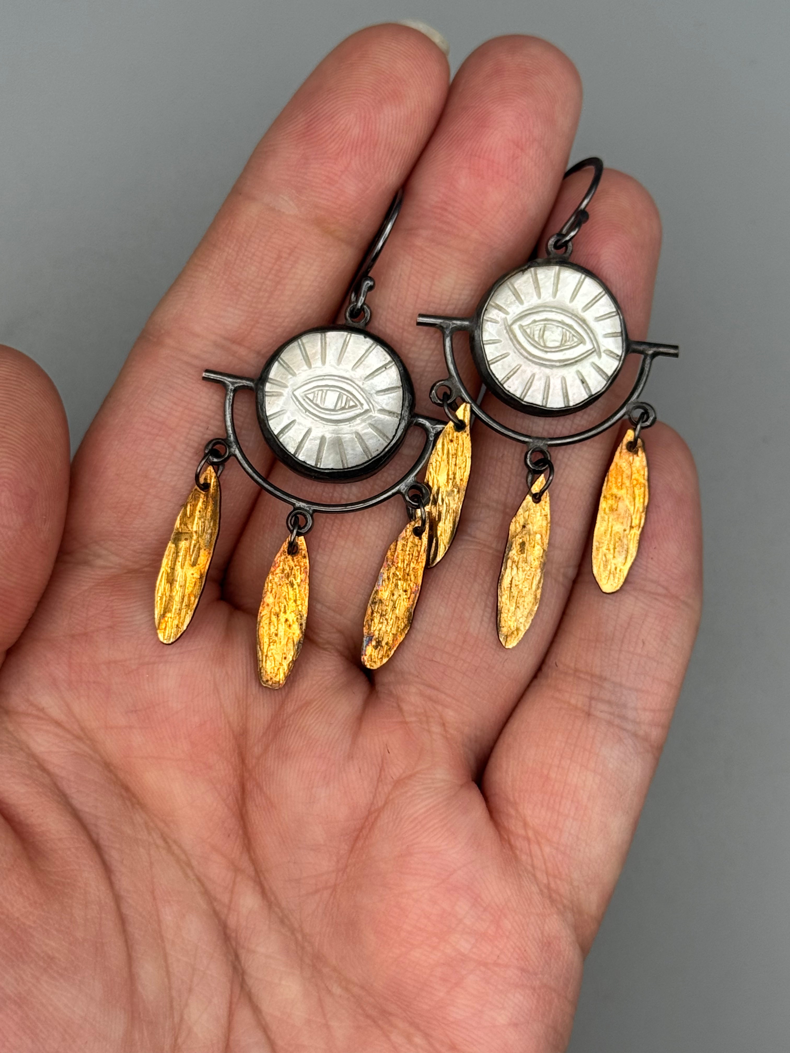 •PROTECTIVE EYE• carved mother of pearl + mixed metal dangle earrings