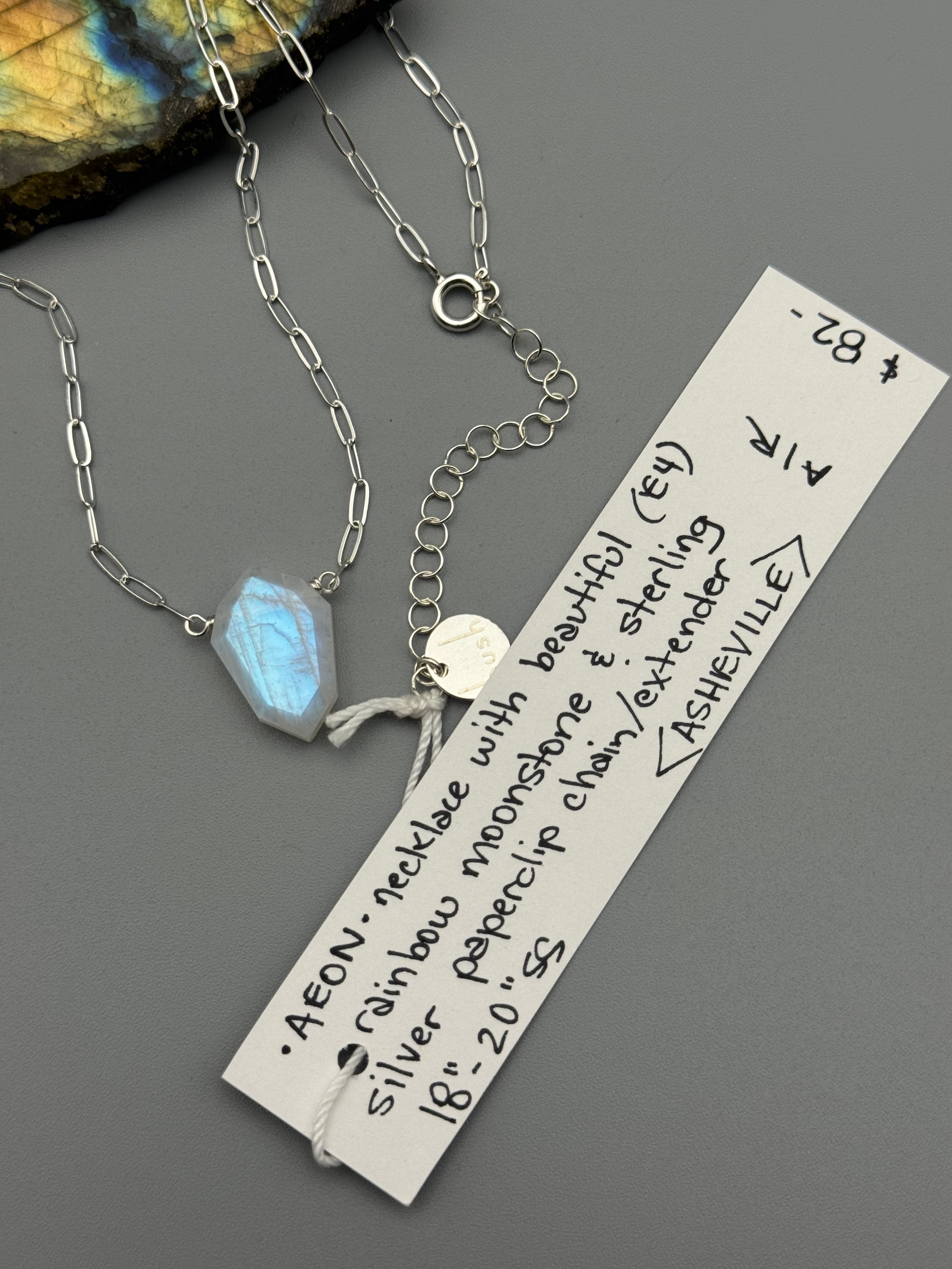 •AEON• rainbow moonstone lil’petal + silver necklace (various lengths)