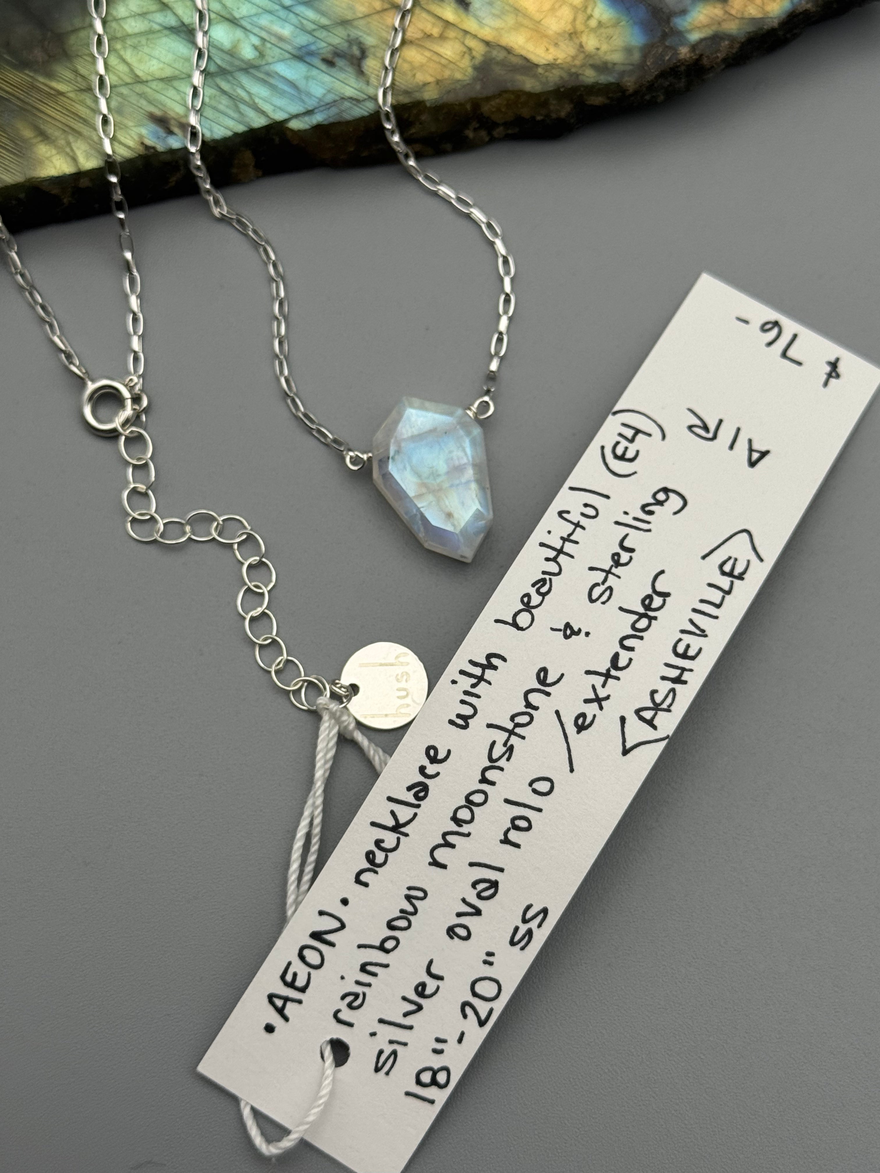 •AEON• rainbow moonstone lil’petal + silver necklace (18"-20" long)