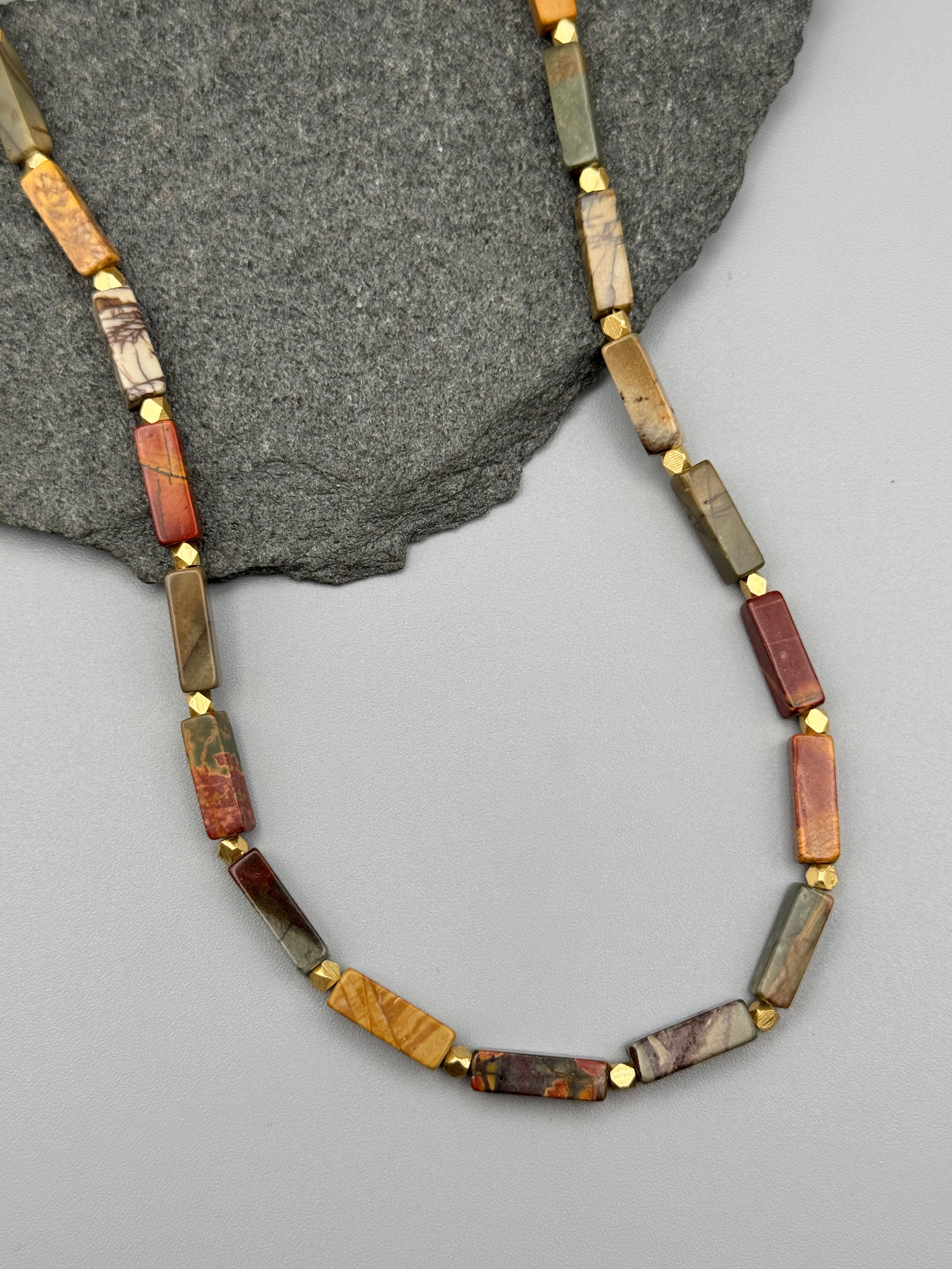 •LIL' CUBOIDS• red creek jasper + gold beaded necklace (16"-17.5" long)