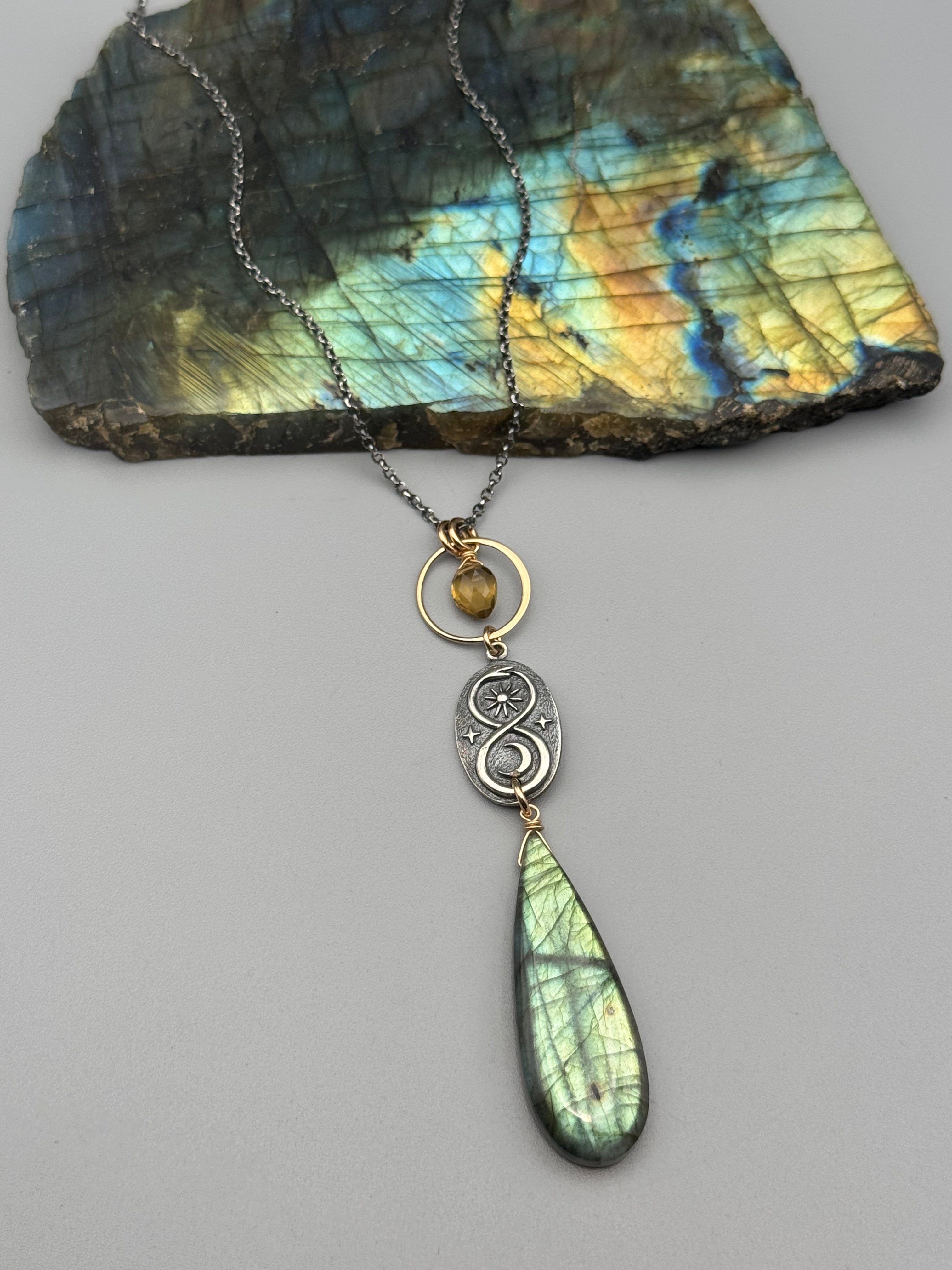 •NĀGA• labradorite + citrine mixed metal necklace (16"-18" long)