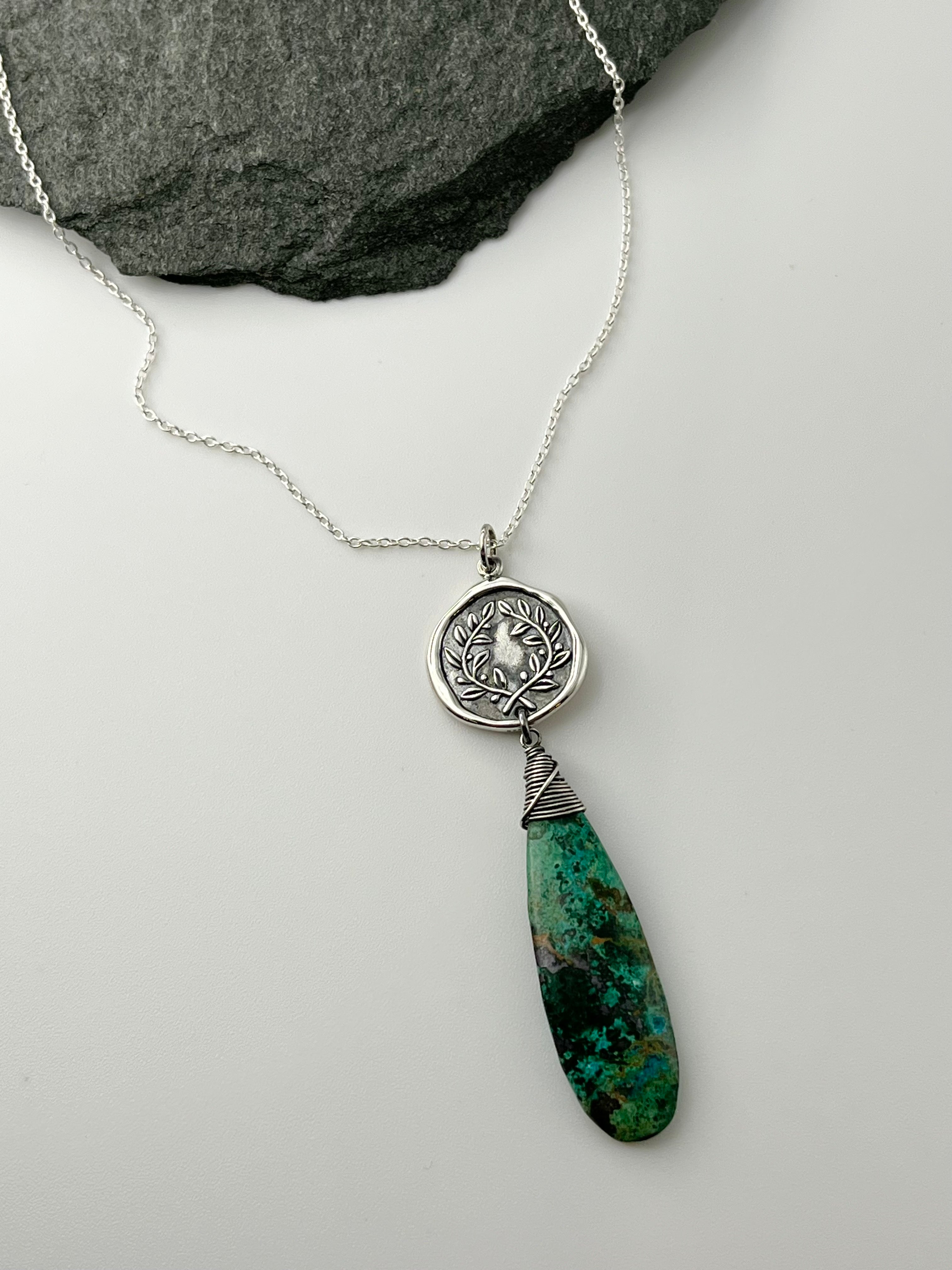 •ALCHEMY• chrysocolla + laurel coin silver necklace (16"-18" long)