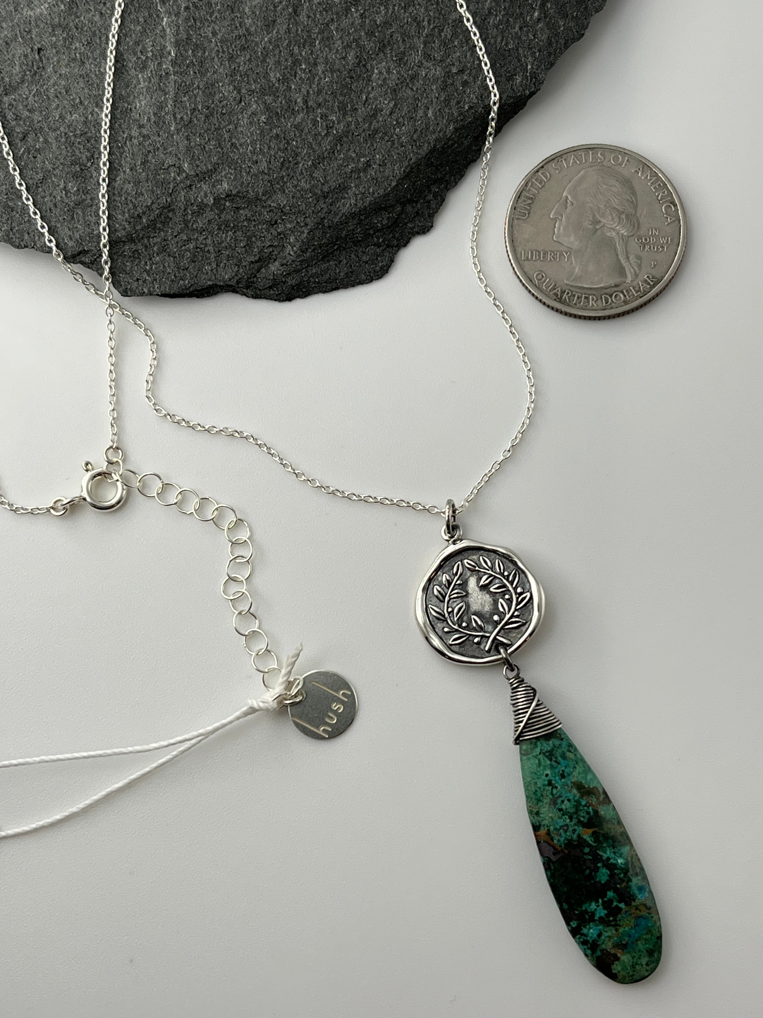 •ALCHEMY• chrysocolla + laurel coin silver necklace (16"-18" long)