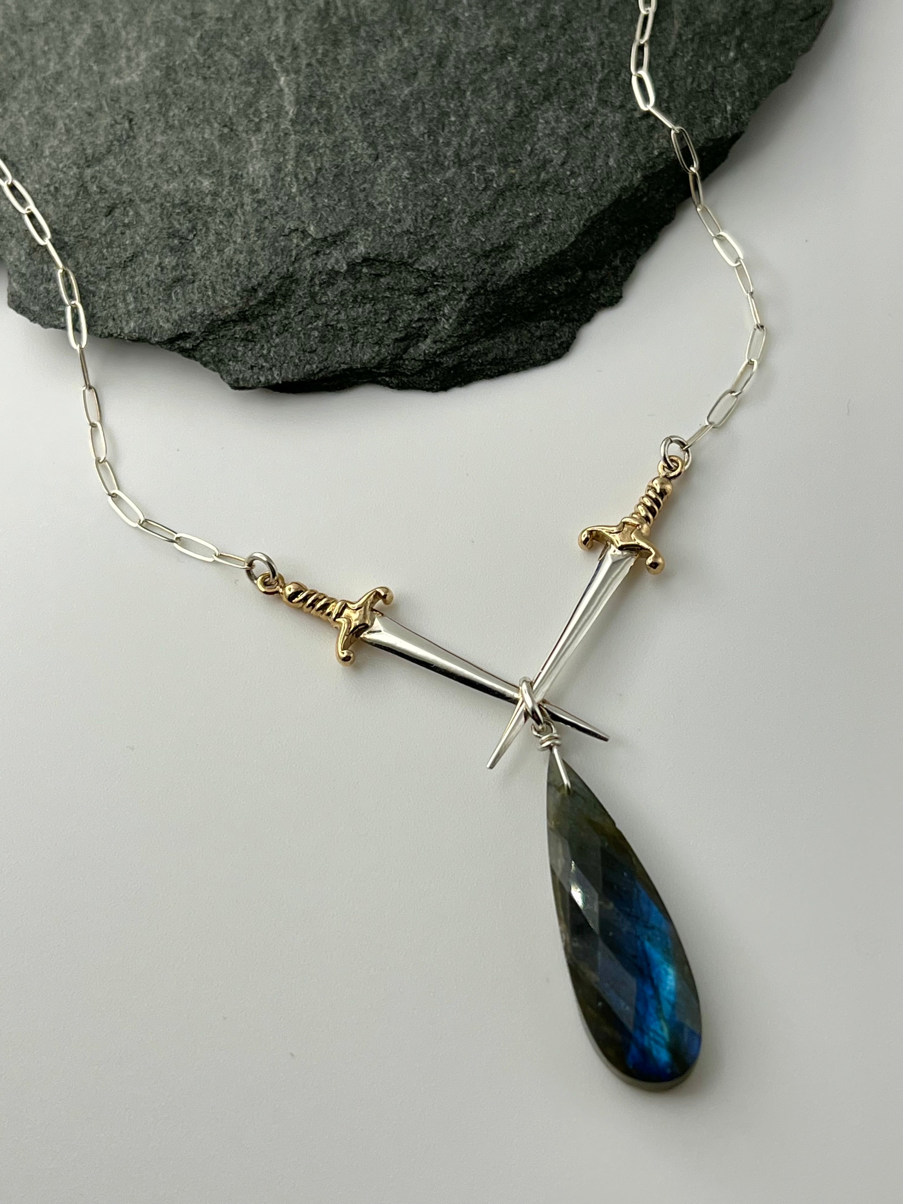 •VALOR• labradorite + daggers mixed metal necklace (18"-20" long)