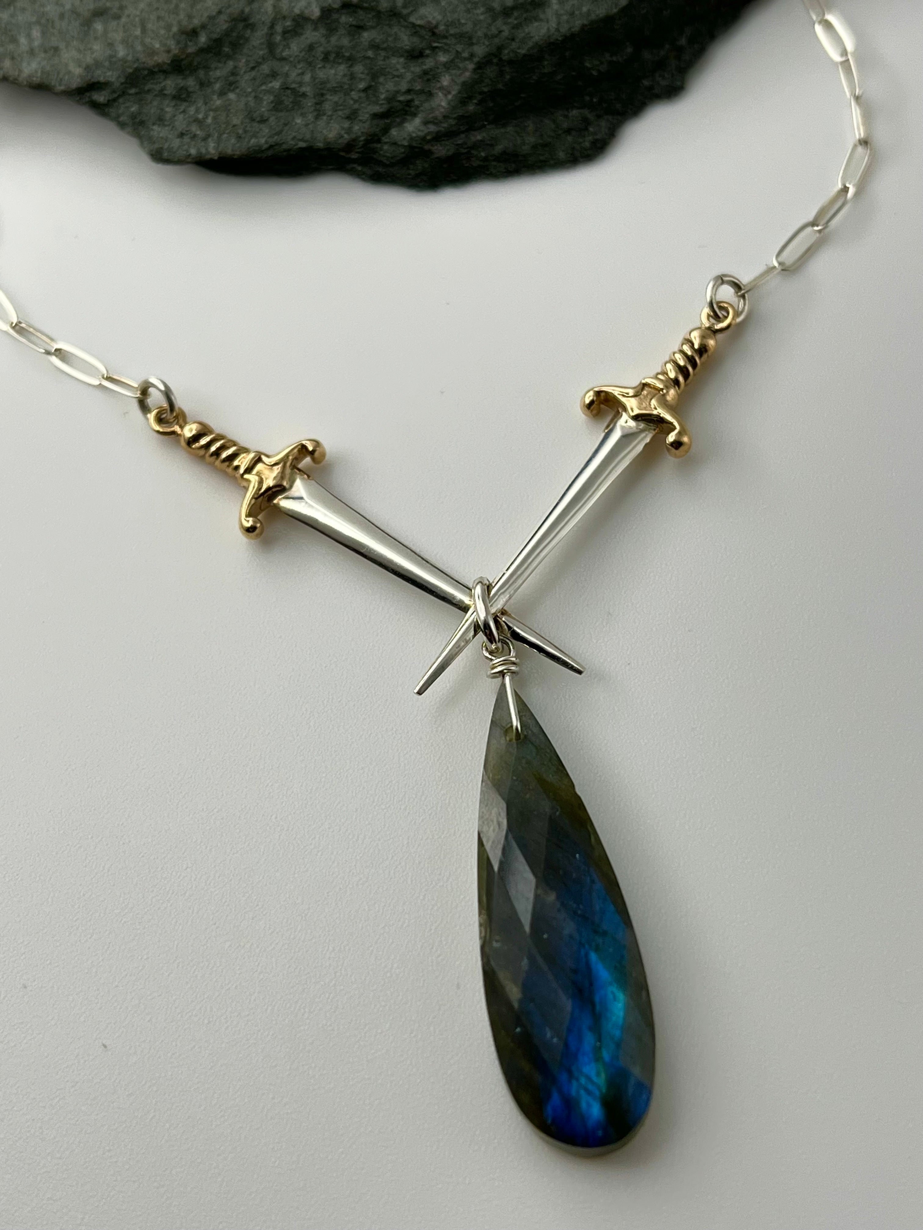 •VALOR• labradorite + daggers mixed metal necklace (18"-20" long)