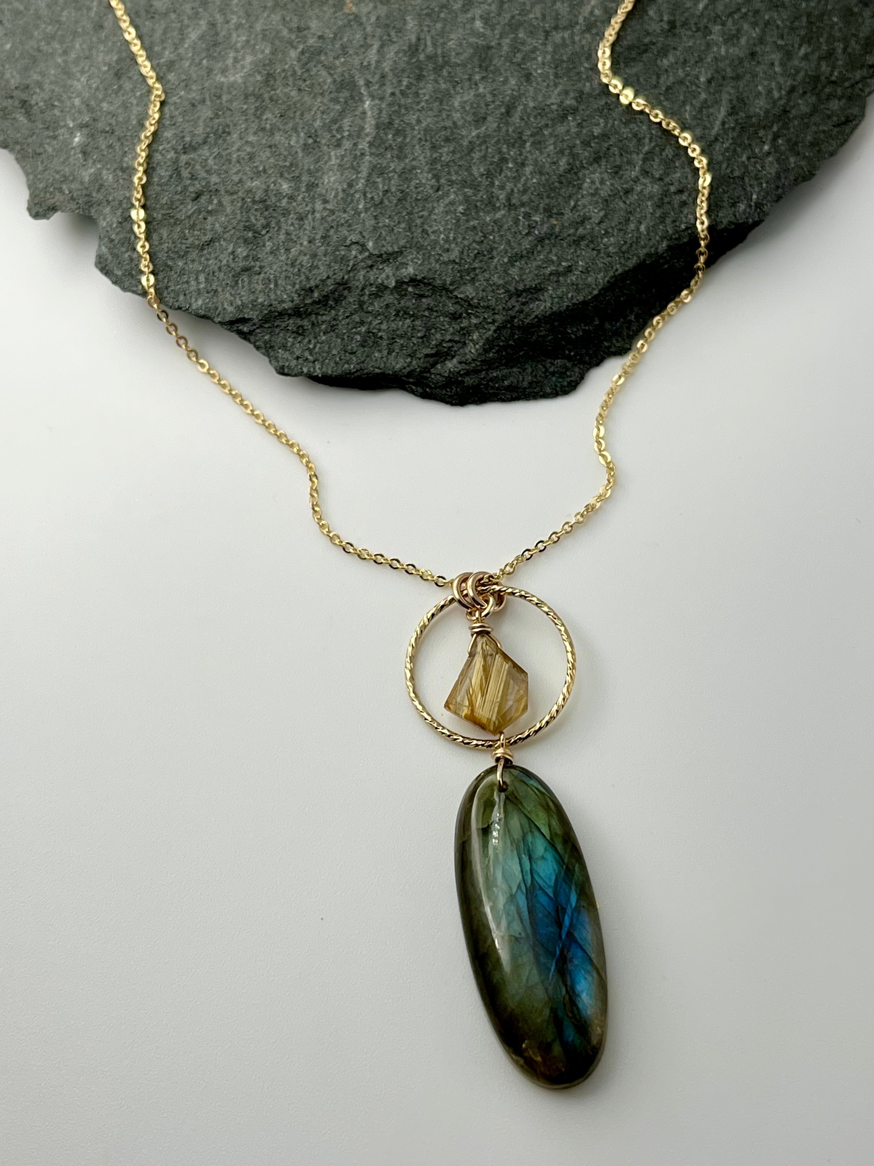 •LUNA• labradorite oval + rutilated quartz gold necklace (18"-20" long)