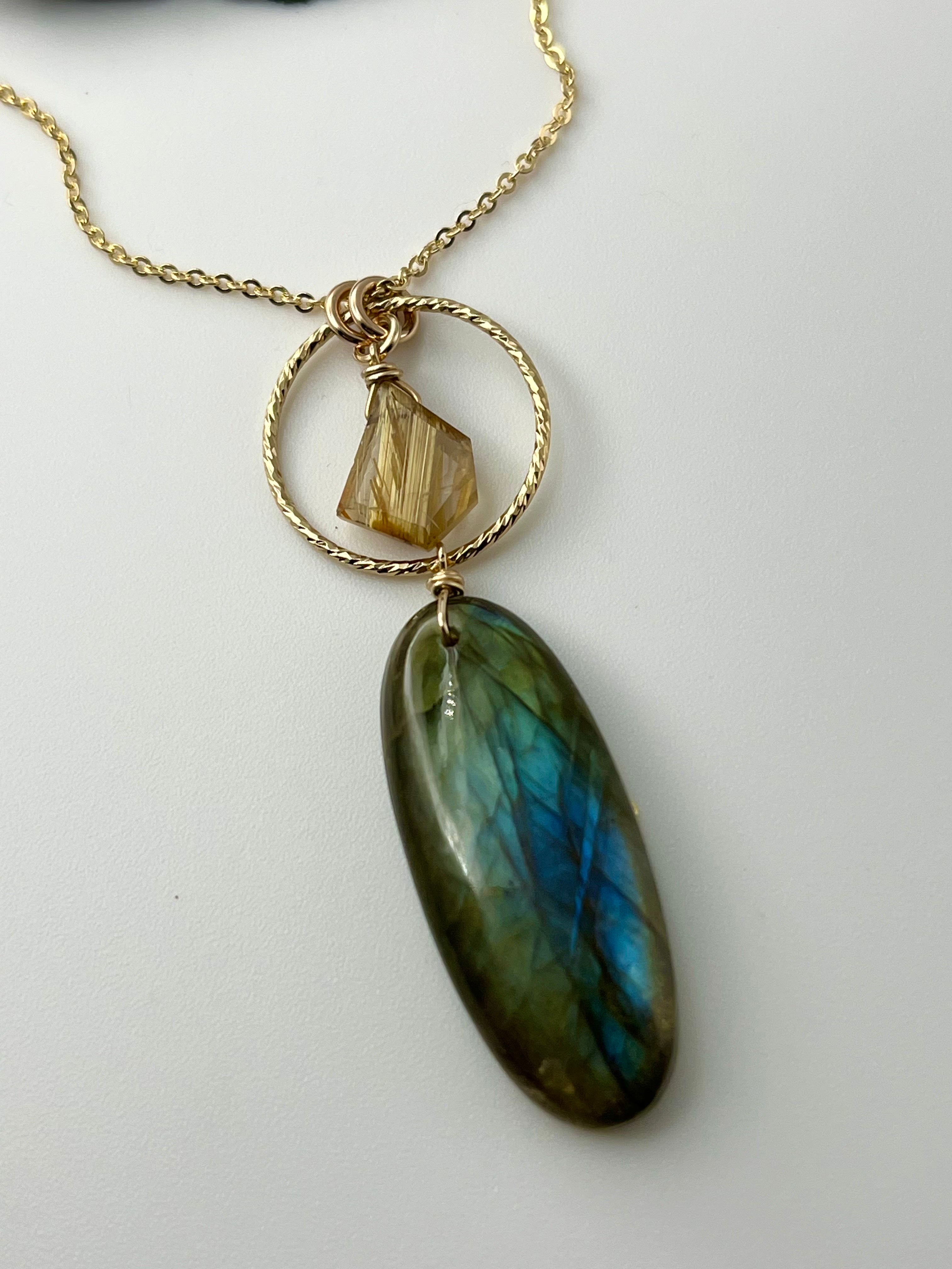 •LUNA• labradorite oval + rutilated quartz gold necklace (18"-20" long)