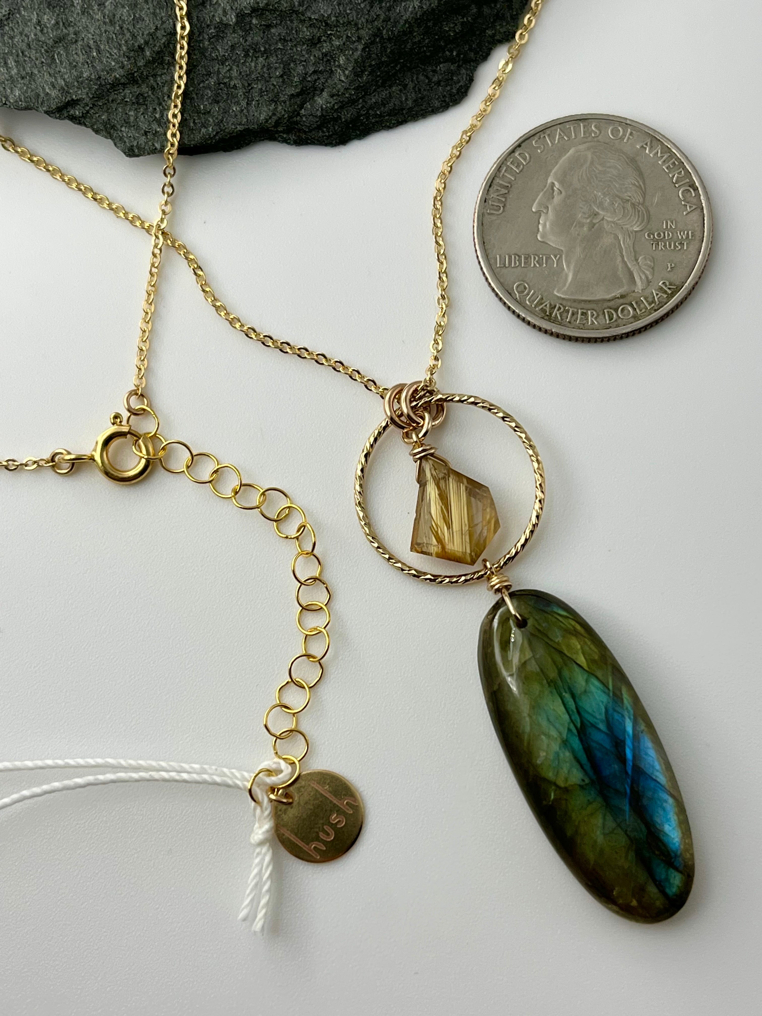 •LUNA• labradorite oval + rutilated quartz gold necklace (18"-20" long)