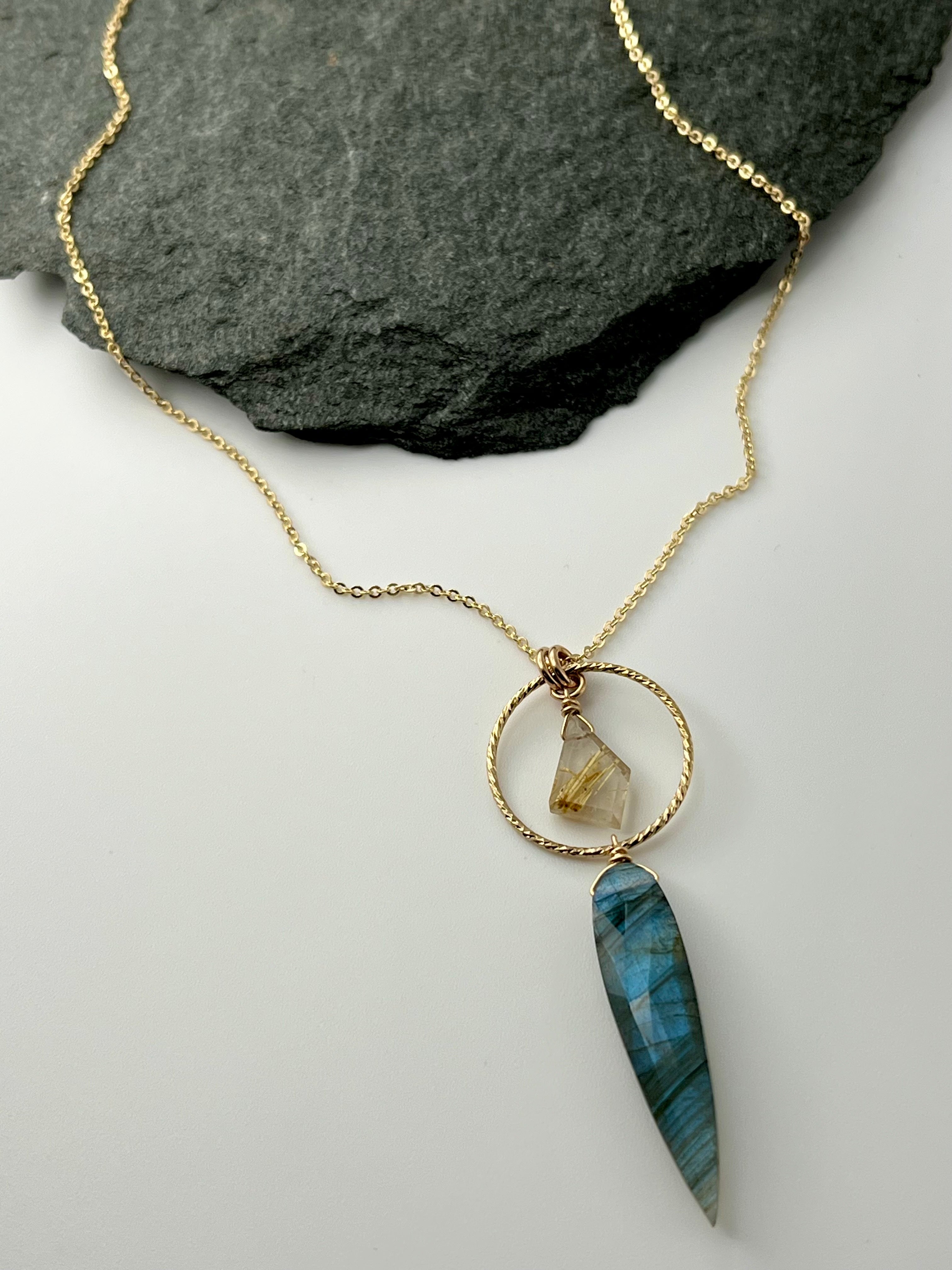 •LUNA• faceted labradorite + rutilated quartz gold necklace (18"-20" long)