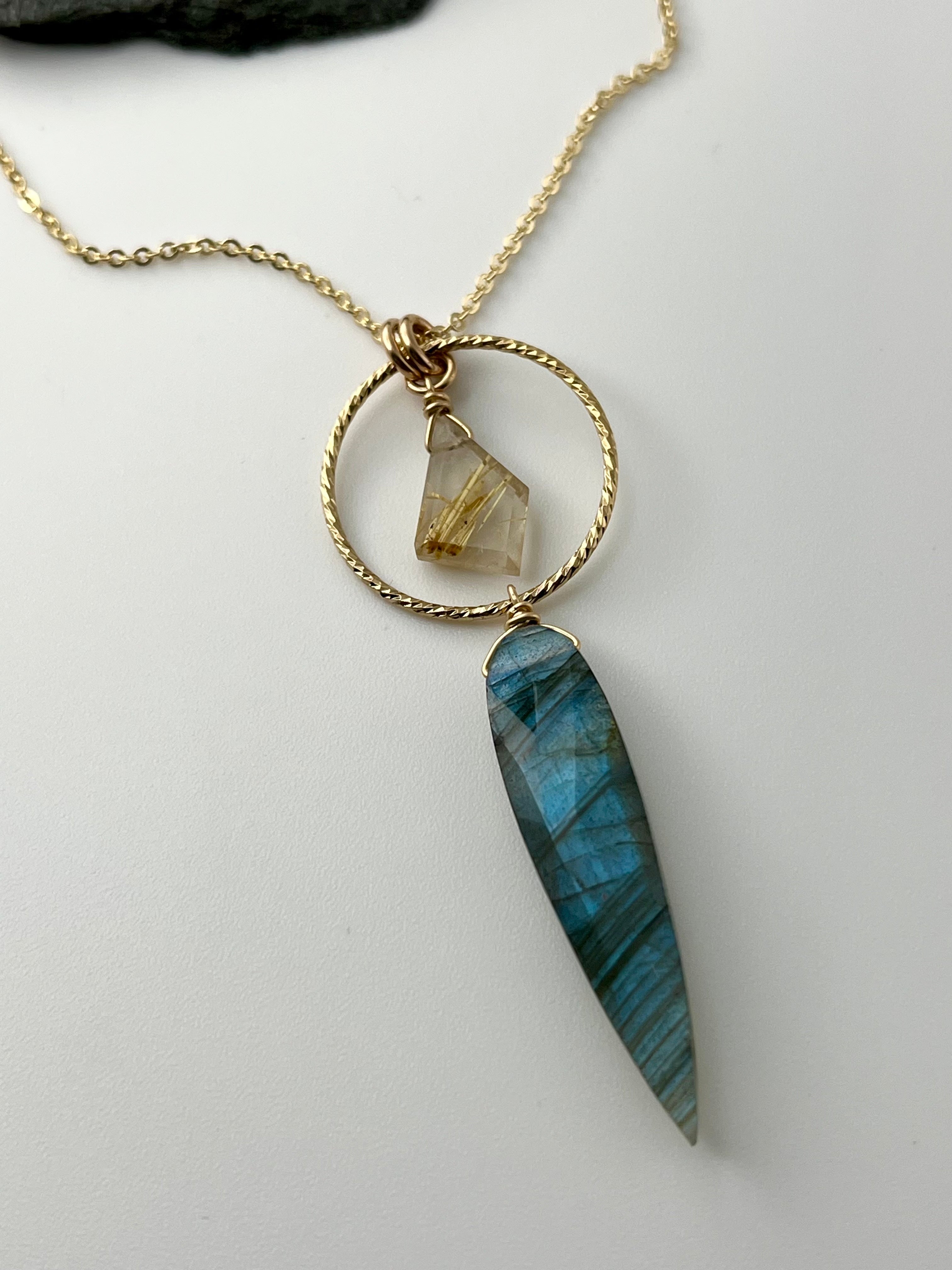 •LUNA• faceted labradorite + rutilated quartz gold necklace (18"-20" long)