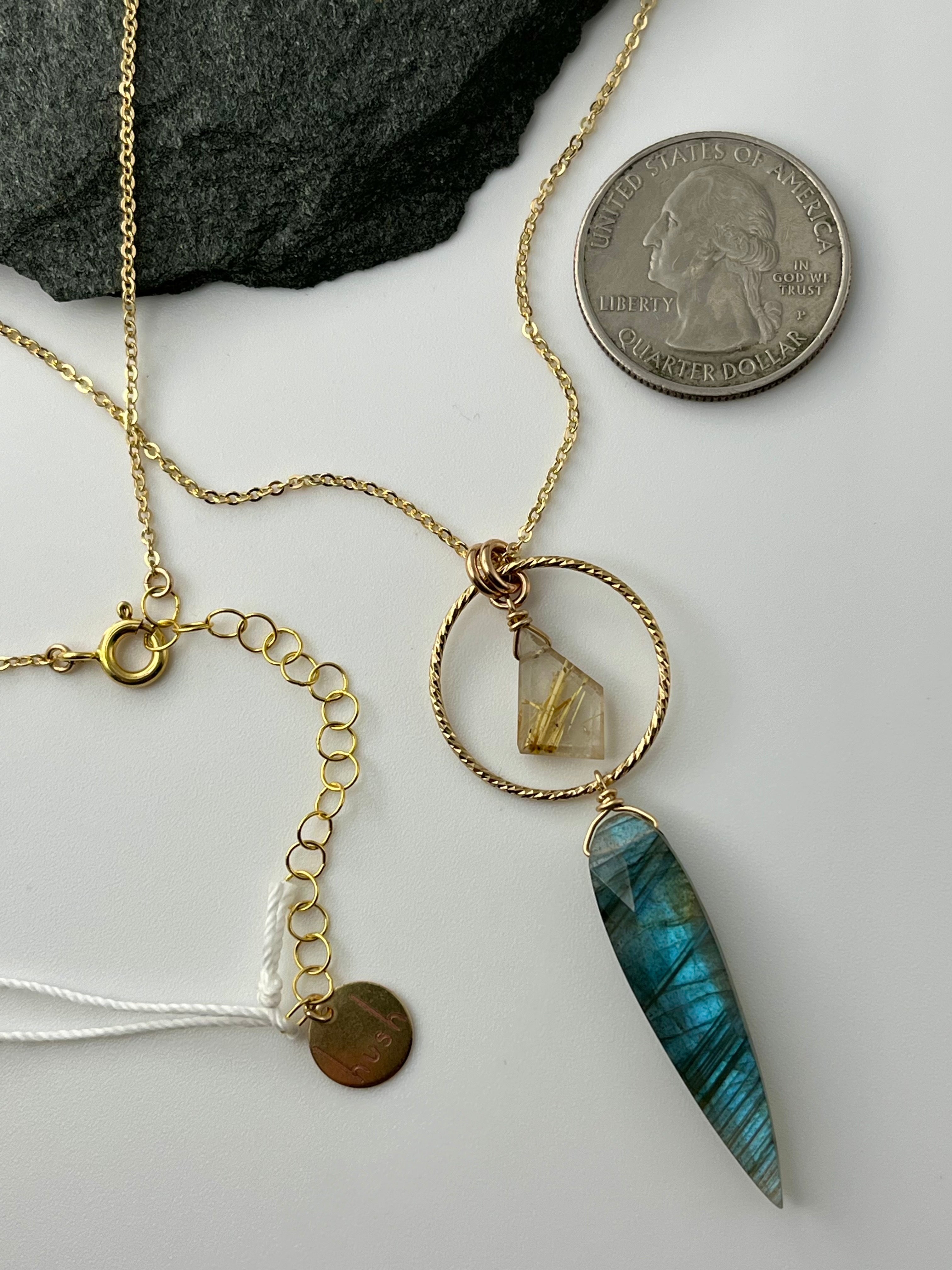 •LUNA• faceted labradorite + rutilated quartz gold necklace (18"-20" long)