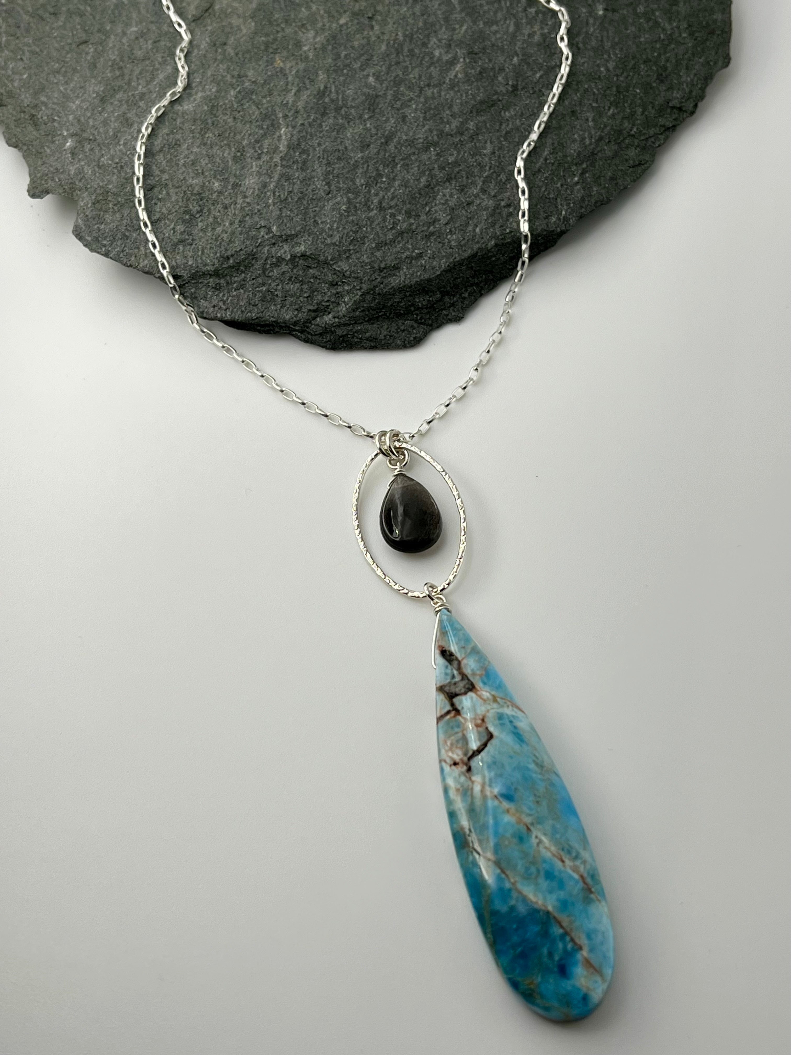 •LUNA• apatite + black moonstone silver necklace (26"-28" long)