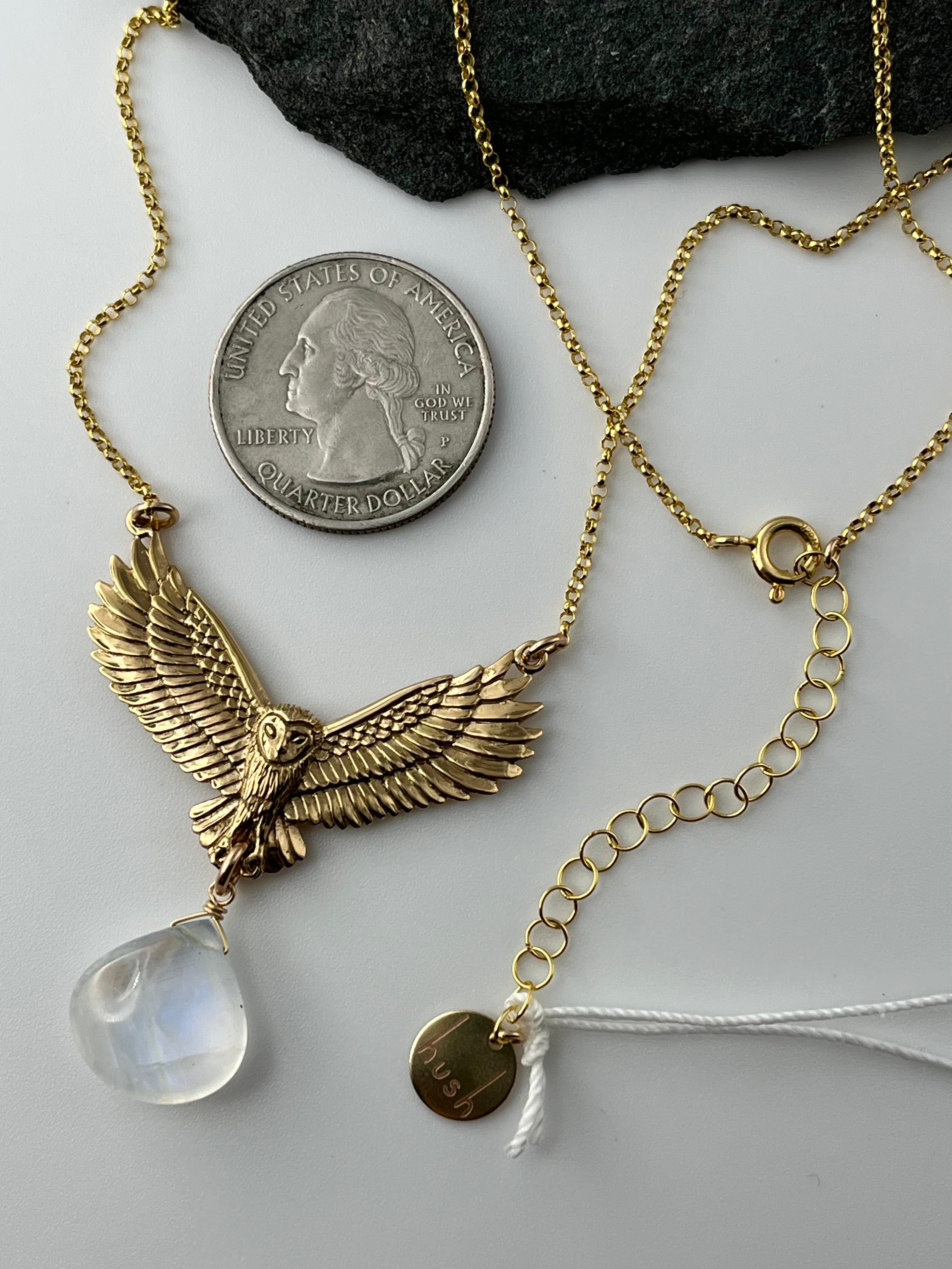 •SUEÑO• rainbow moonstone + owl gold necklace (18"-20" long)