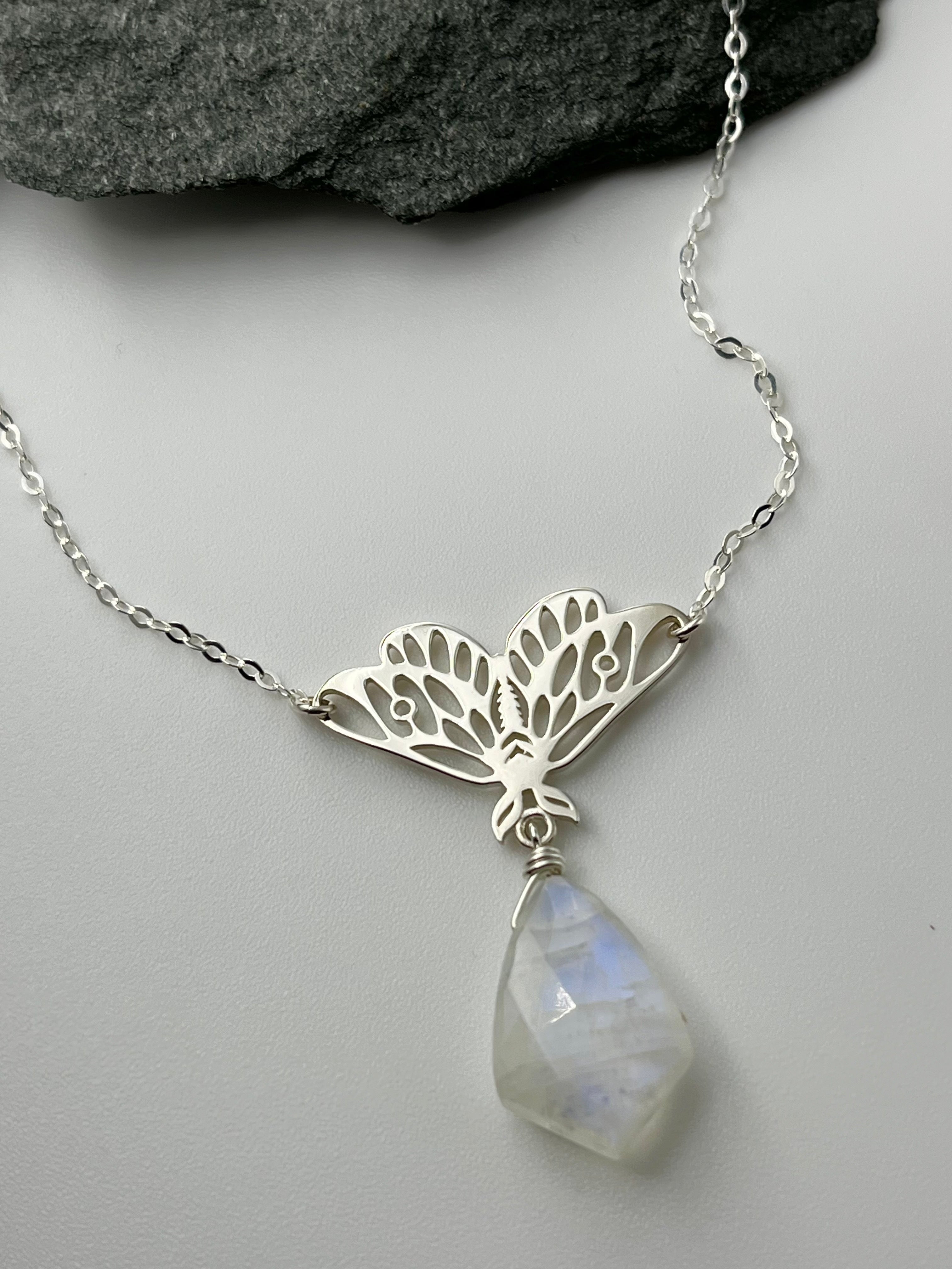 •GUIDE• rainbow moonstone + moth silver necklace (16"-18" long)