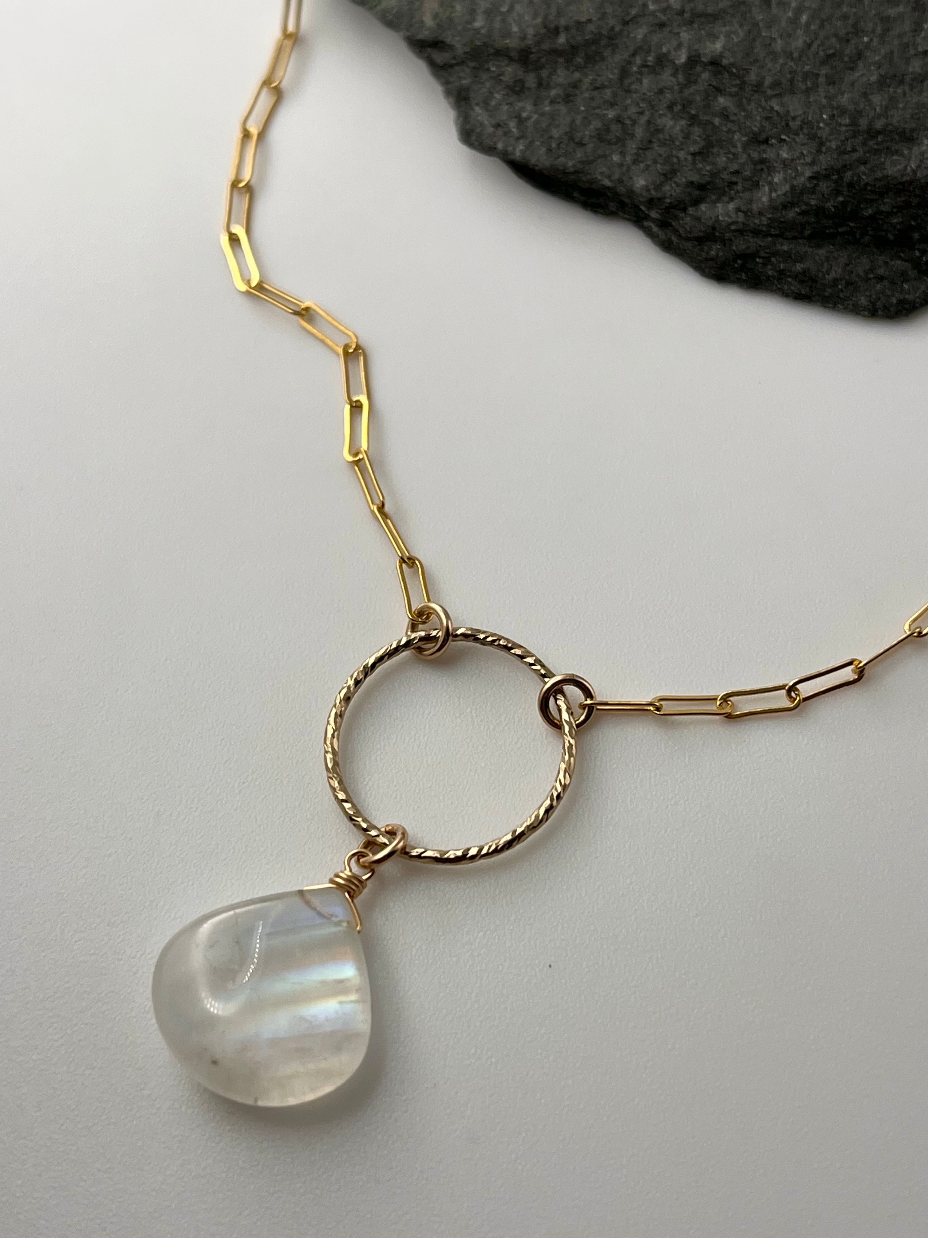 •LUNA• stunning rainbow moonstone + gold necklace (16"-18" long)