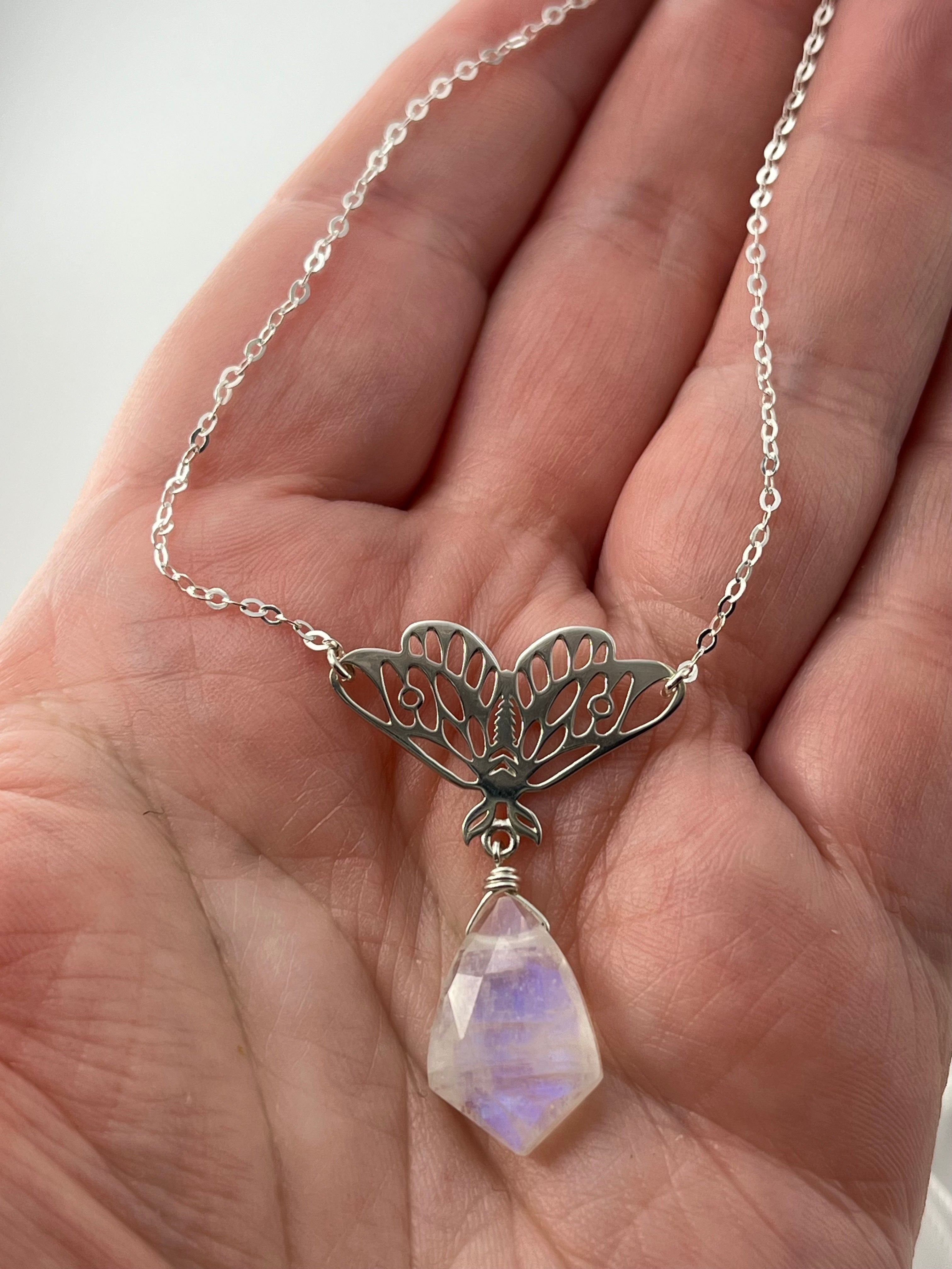 •GUIDE• rainbow moonstone + moth silver necklace (16"-18" long)