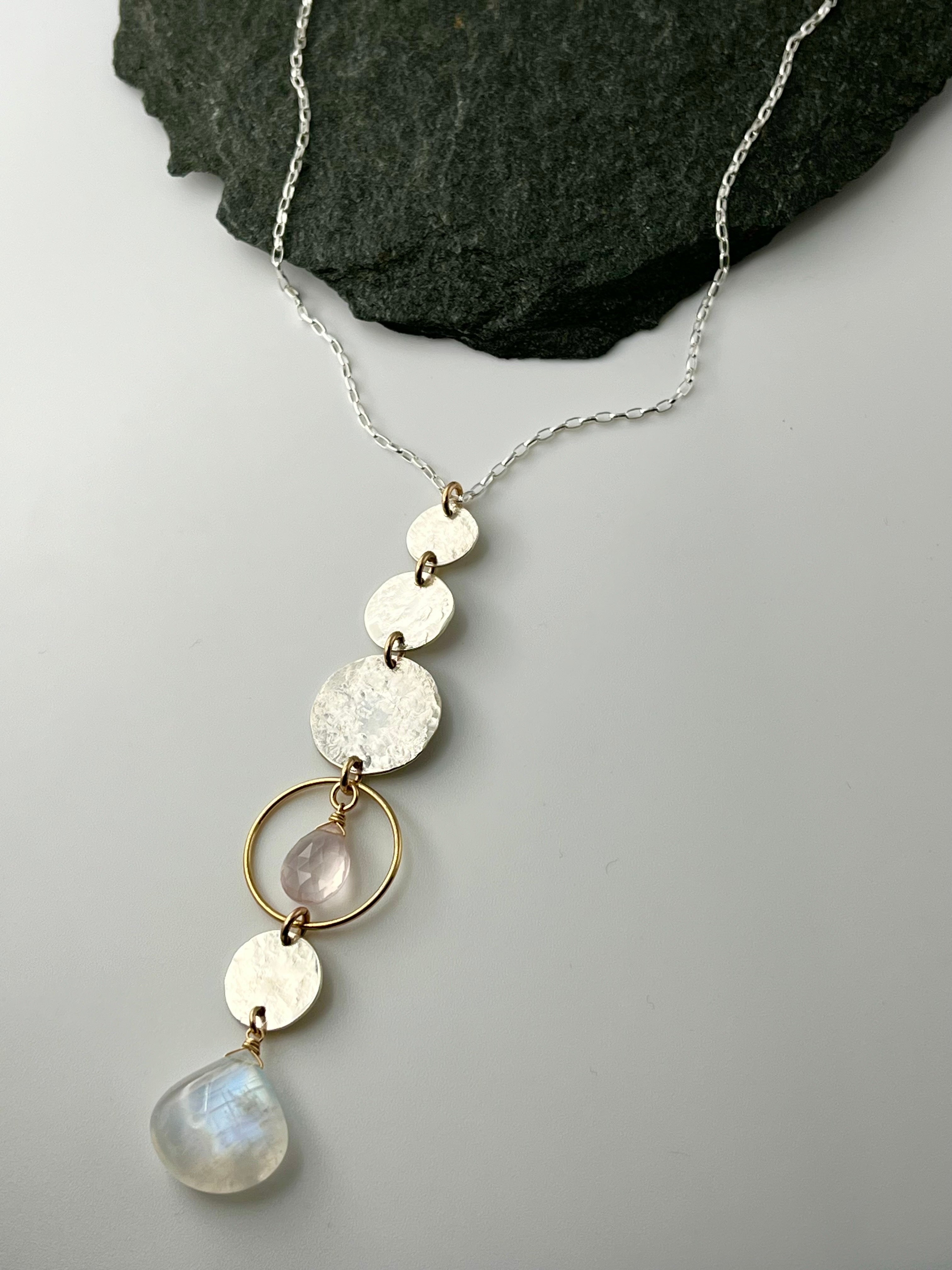 •NYX• rainbow moonstone + rose quartz mixed metal necklace (26"-28" long)