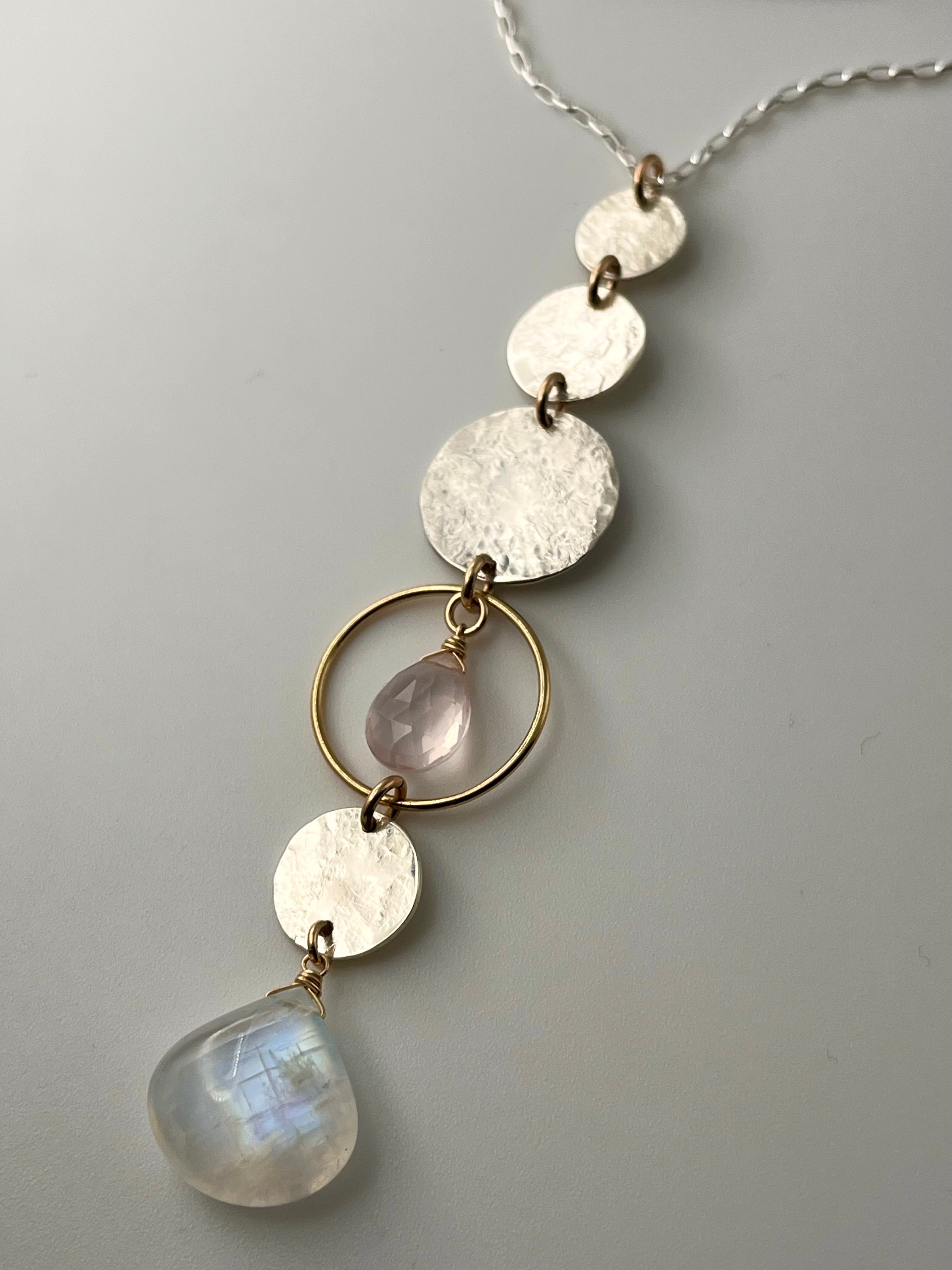 •NYX• rainbow moonstone + rose quartz mixed metal necklace (26"-28" long)