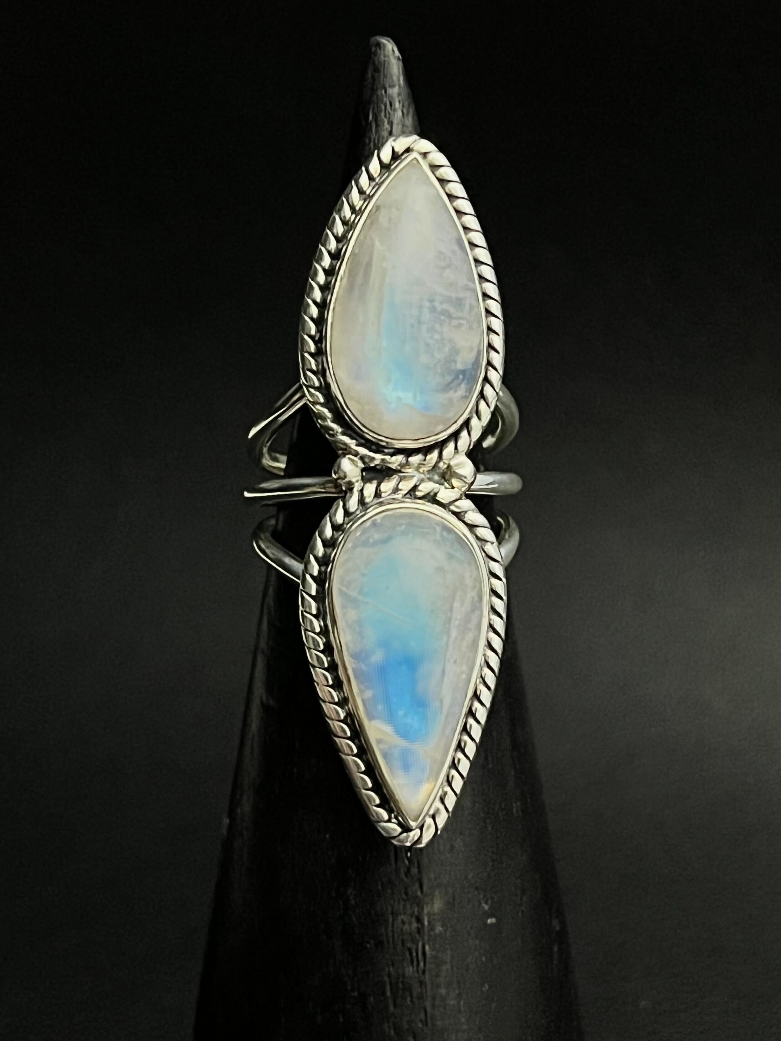•DOUBLE TEARDROP• rainbow moonstone + silver ring - size 5.5