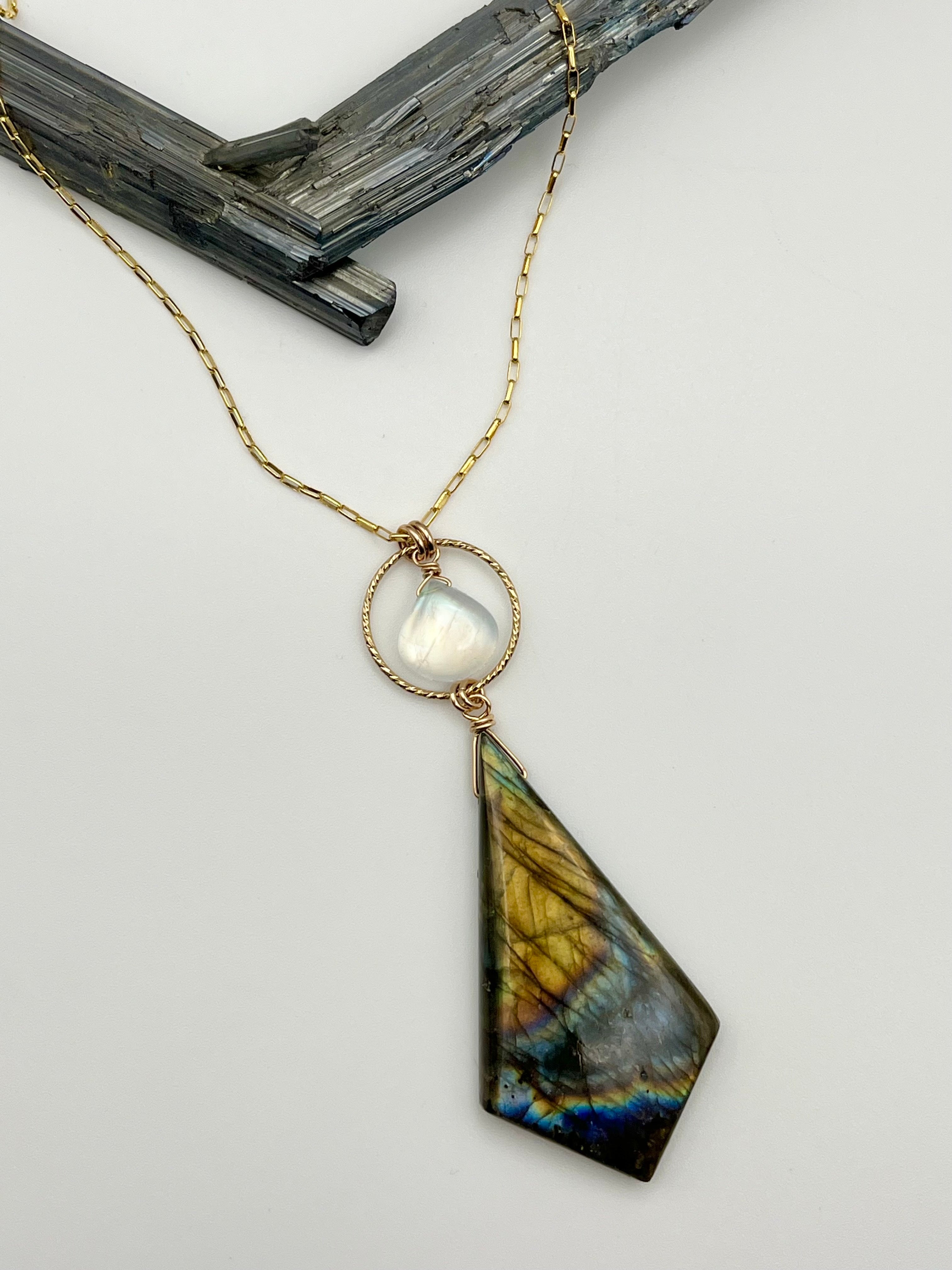 •LUNA• labradorite + rainbow moonstone gold necklace (18"-20" long)