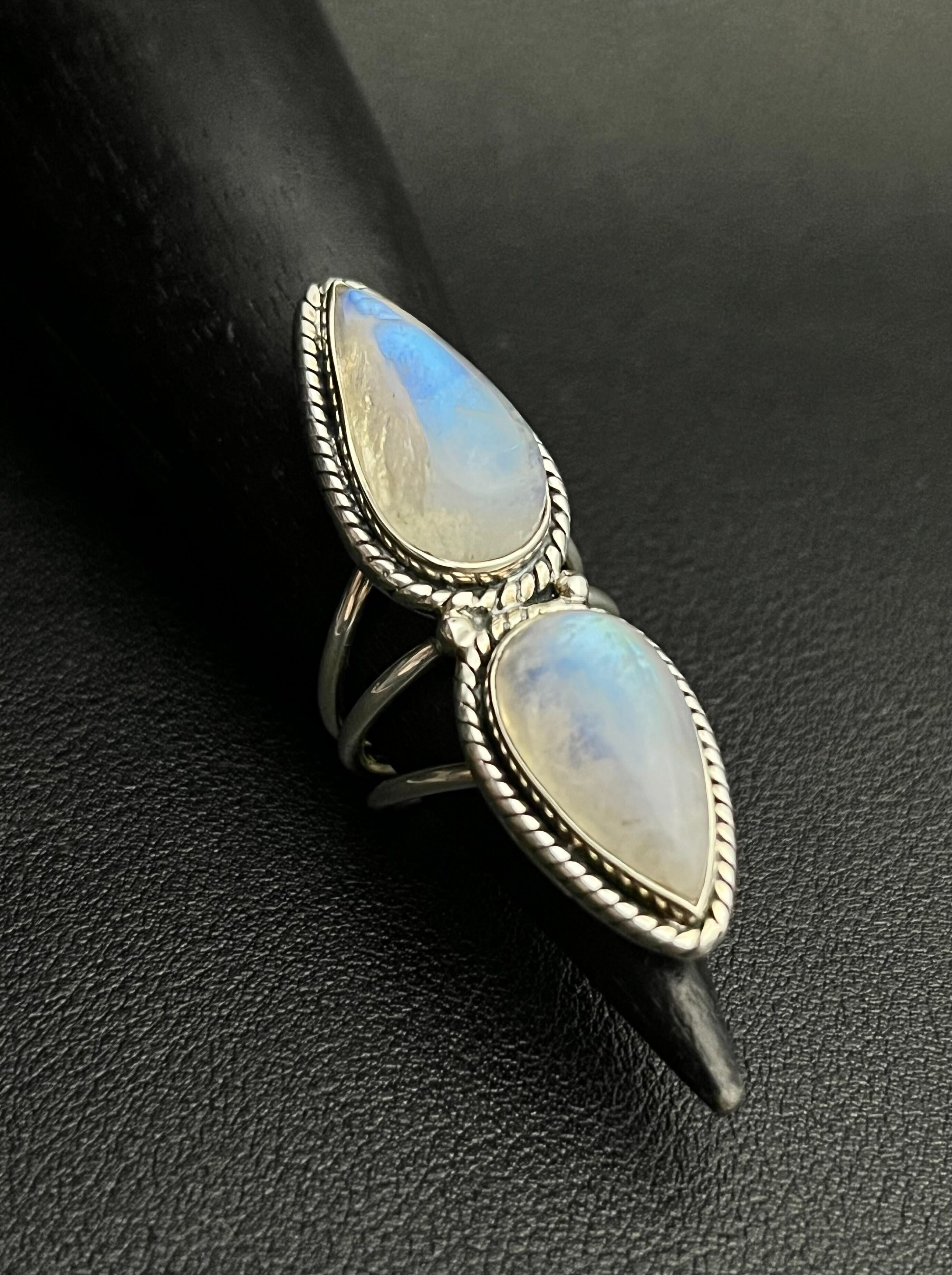 •DOUBLE TEARDROP• rainbow moonstone + silver ring - size 5.5