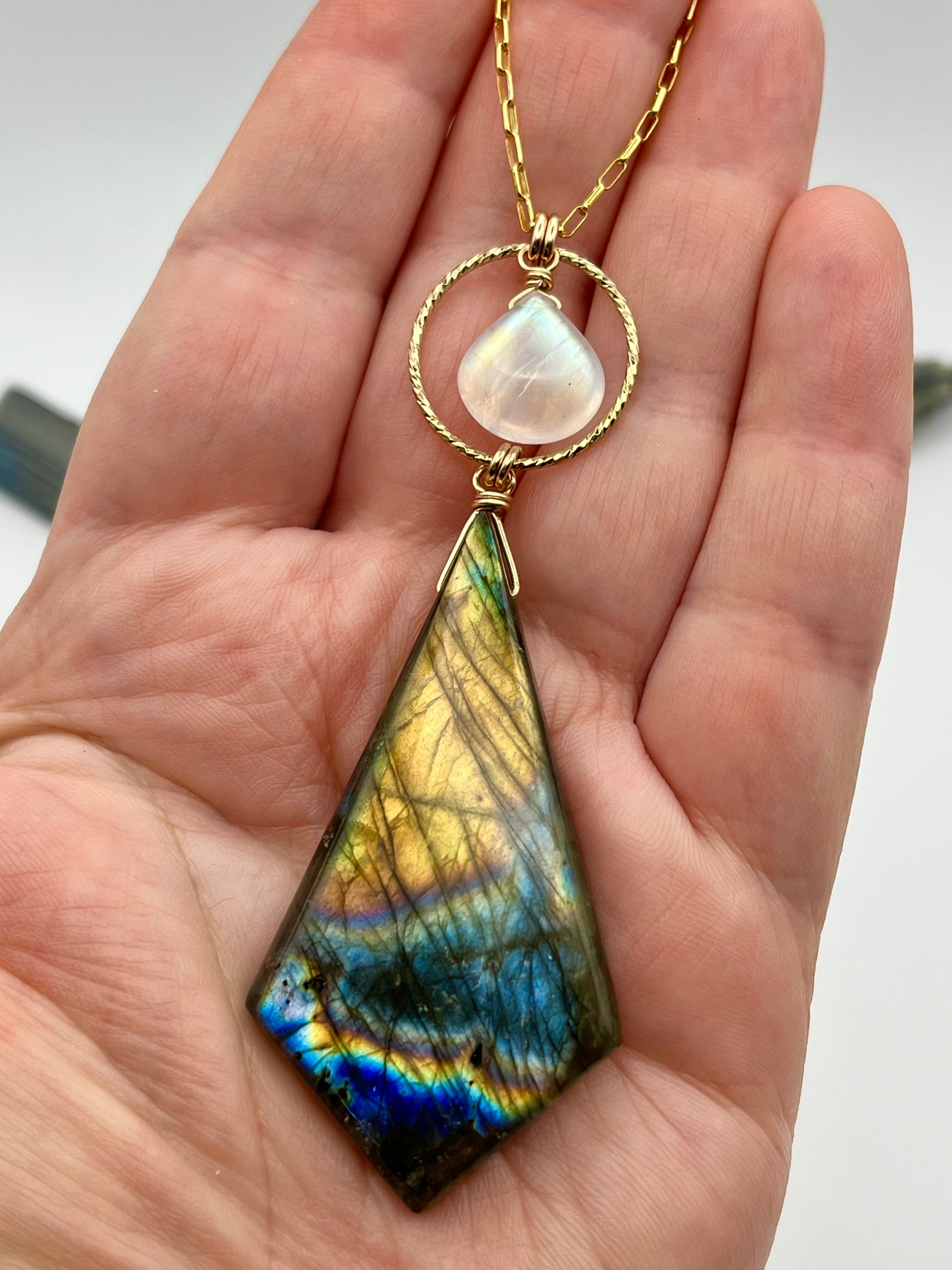 •LUNA• labradorite + rainbow moonstone gold necklace (18"-20" long)