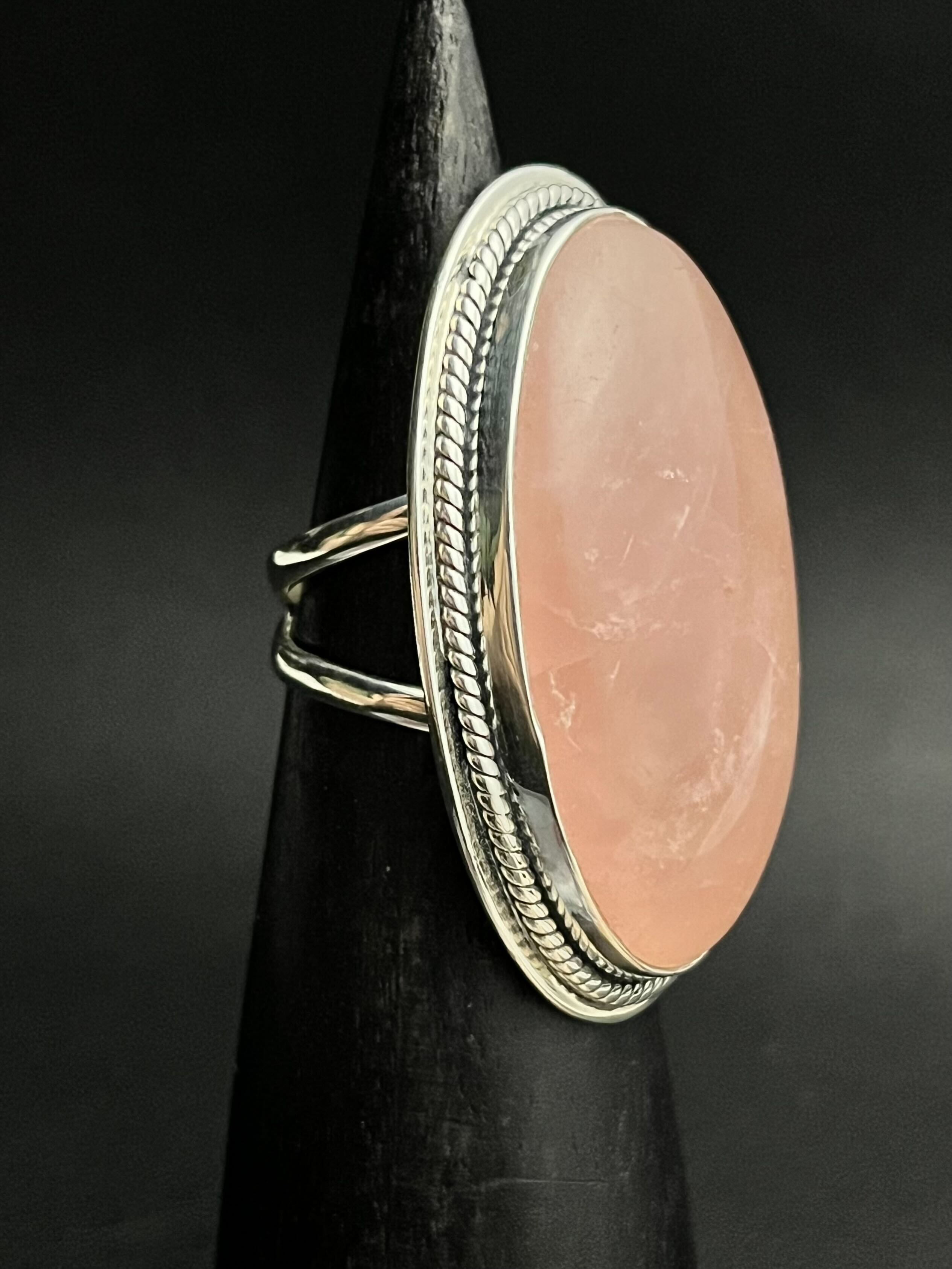 •ROPE BEZEL• rose quartz + silver ring - size 9
