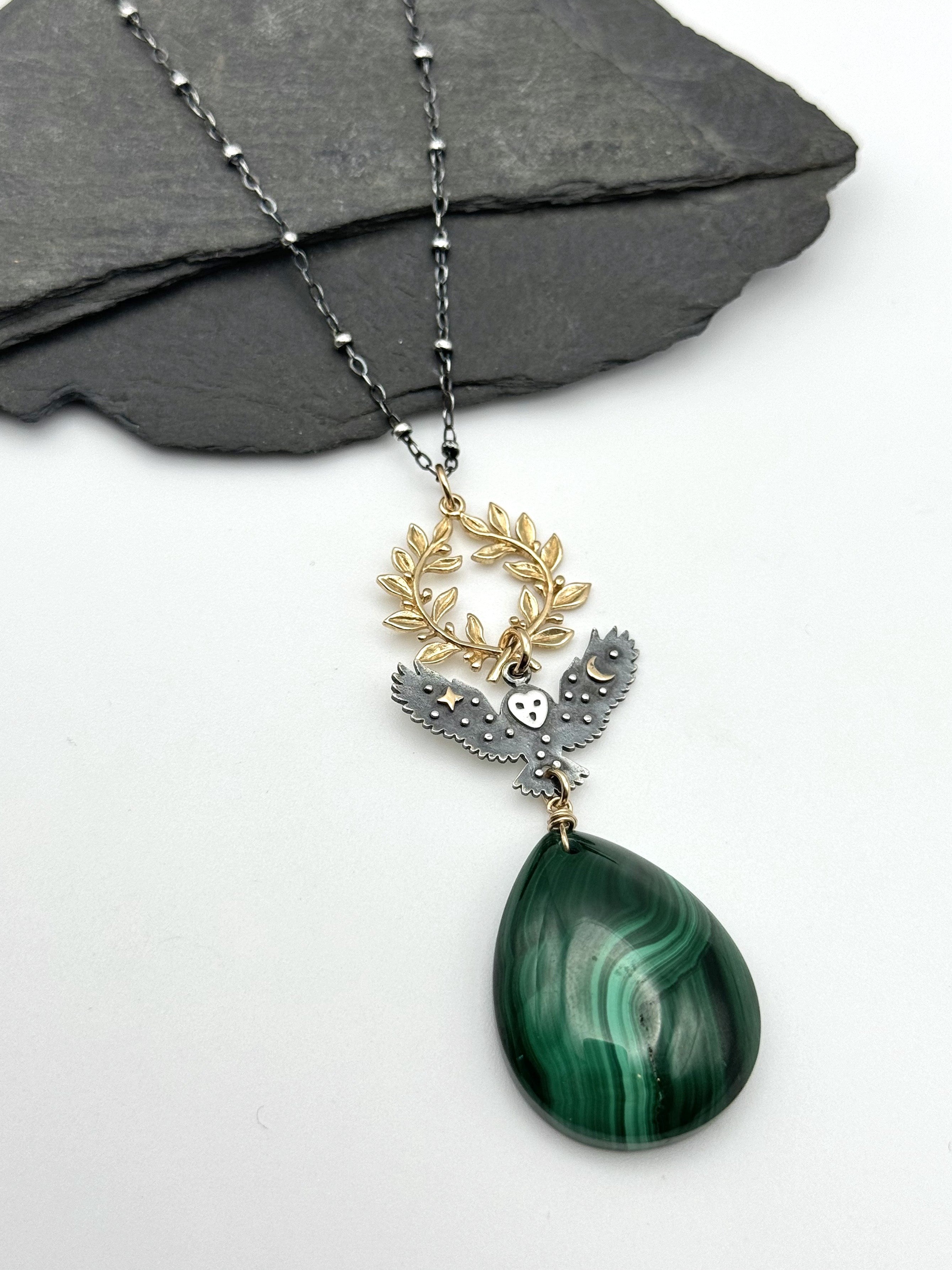 •NOCTURNAL ALCHEMY• malachite + owl + mixed metal necklace (26"-28" long)
