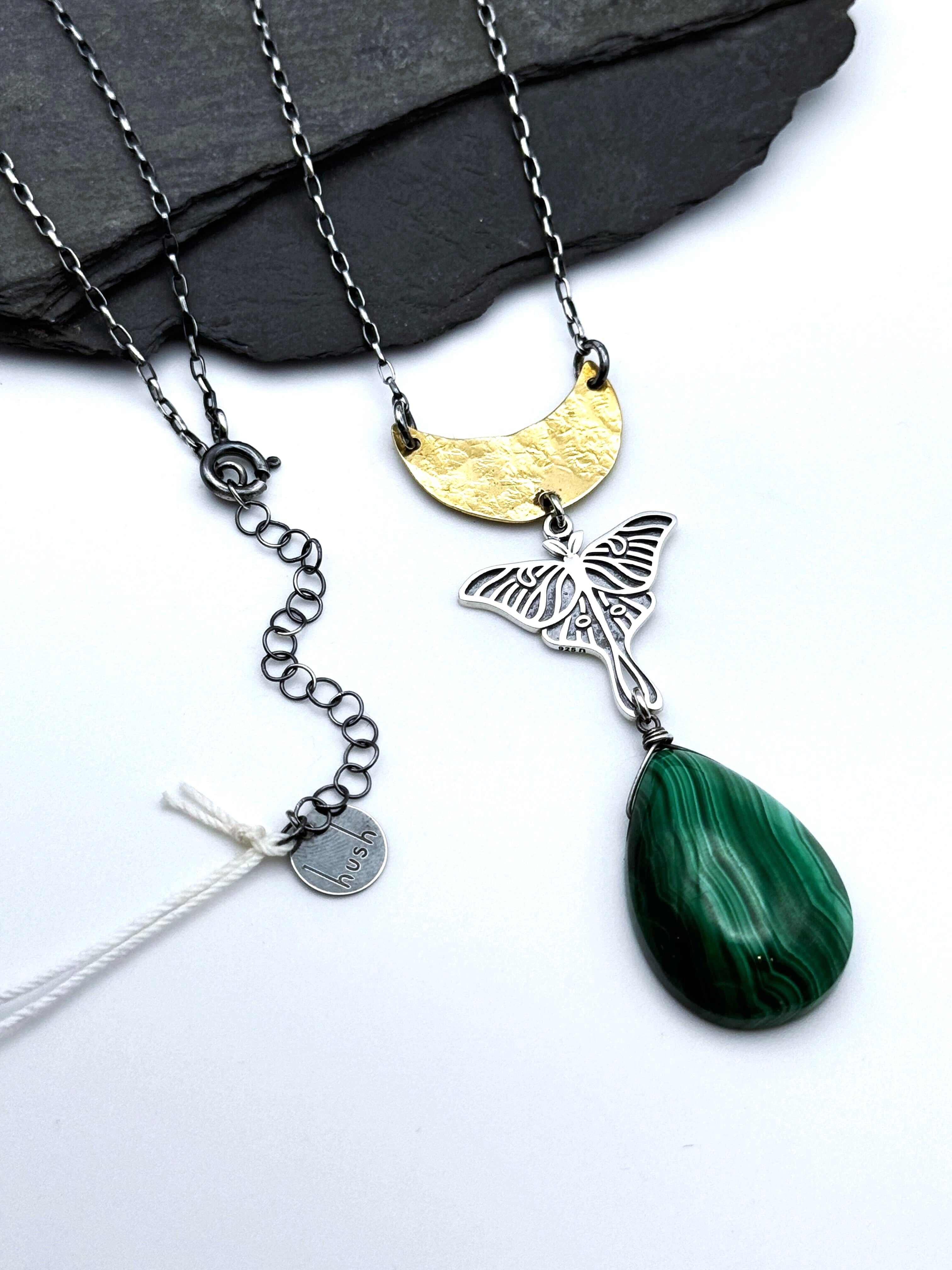 •GUIDE• malachite + moth + mixed metal necklace (28"-30" long)