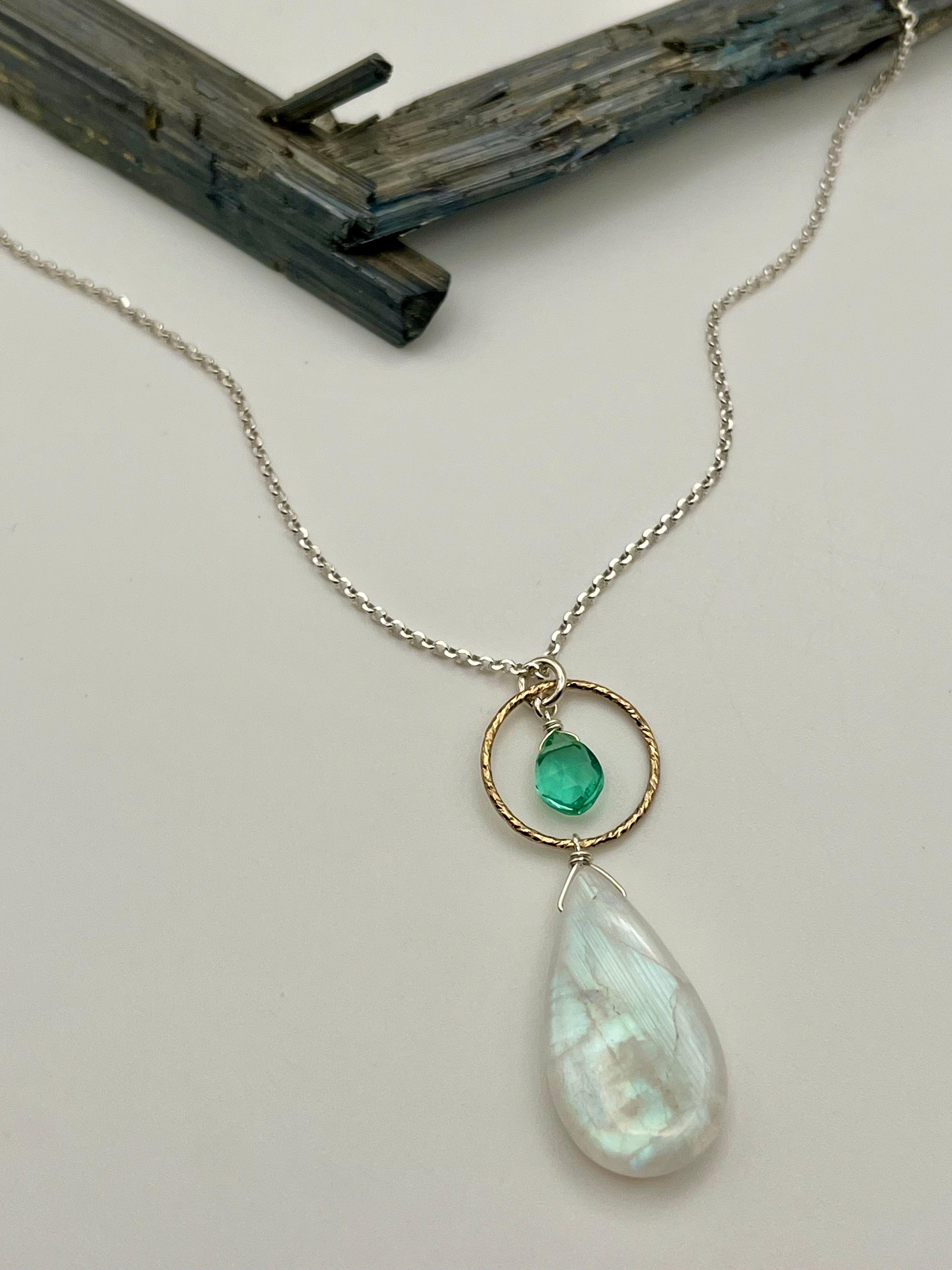 •LUNA• rainbow moonstone + paraiba quartz mixed metal necklace (18"-20" long)