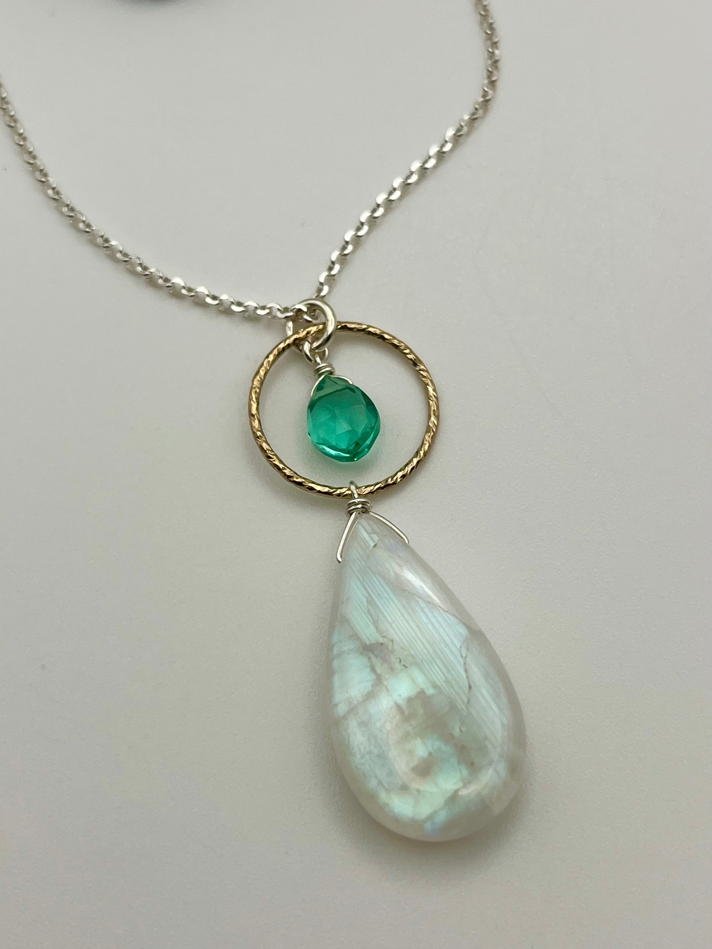 •LUNA• rainbow moonstone + paraiba quartz mixed metal necklace (18"-20" long)