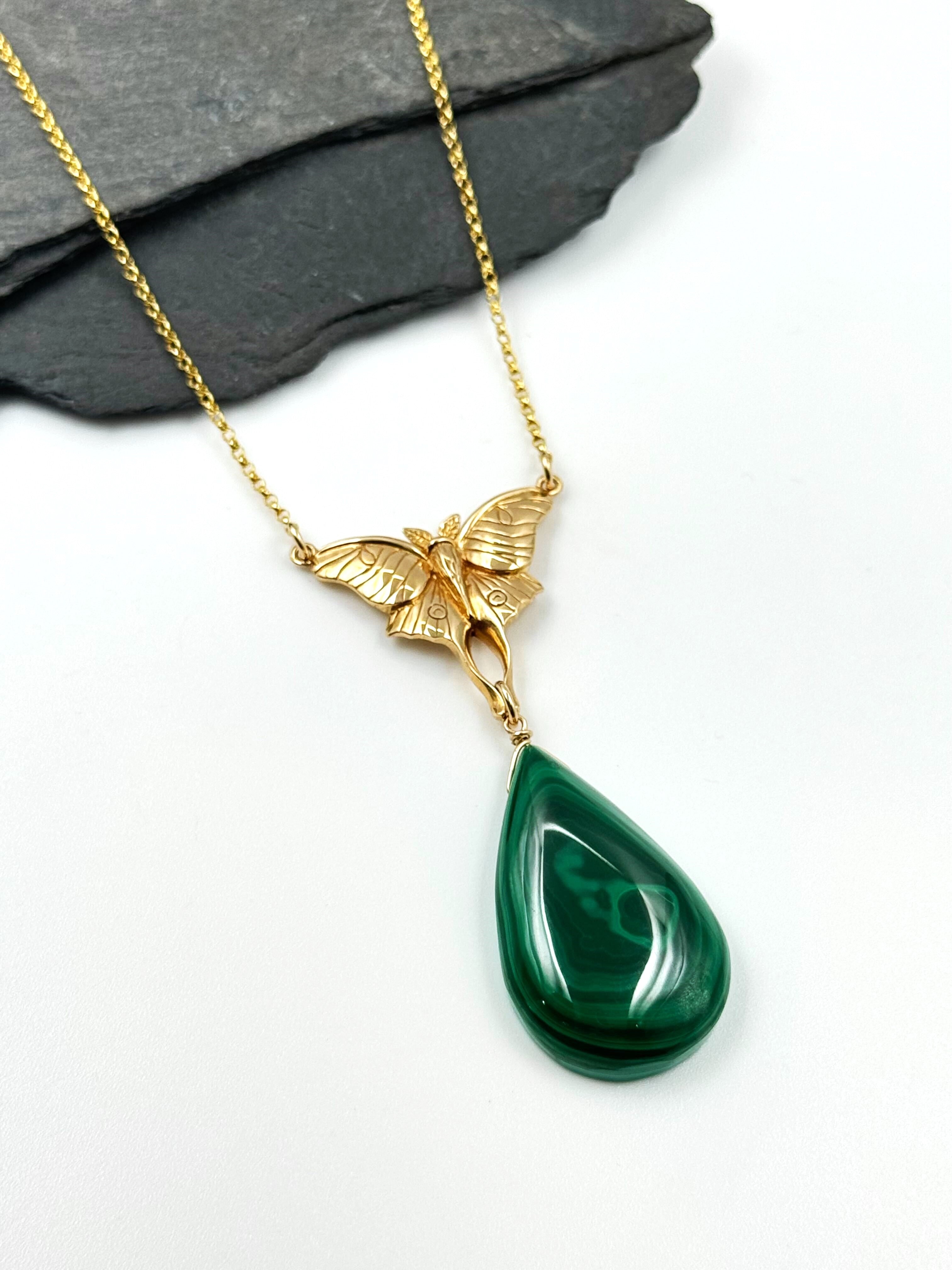 •GUIDE• malachite + moth + gold necklace (18"-20" long)