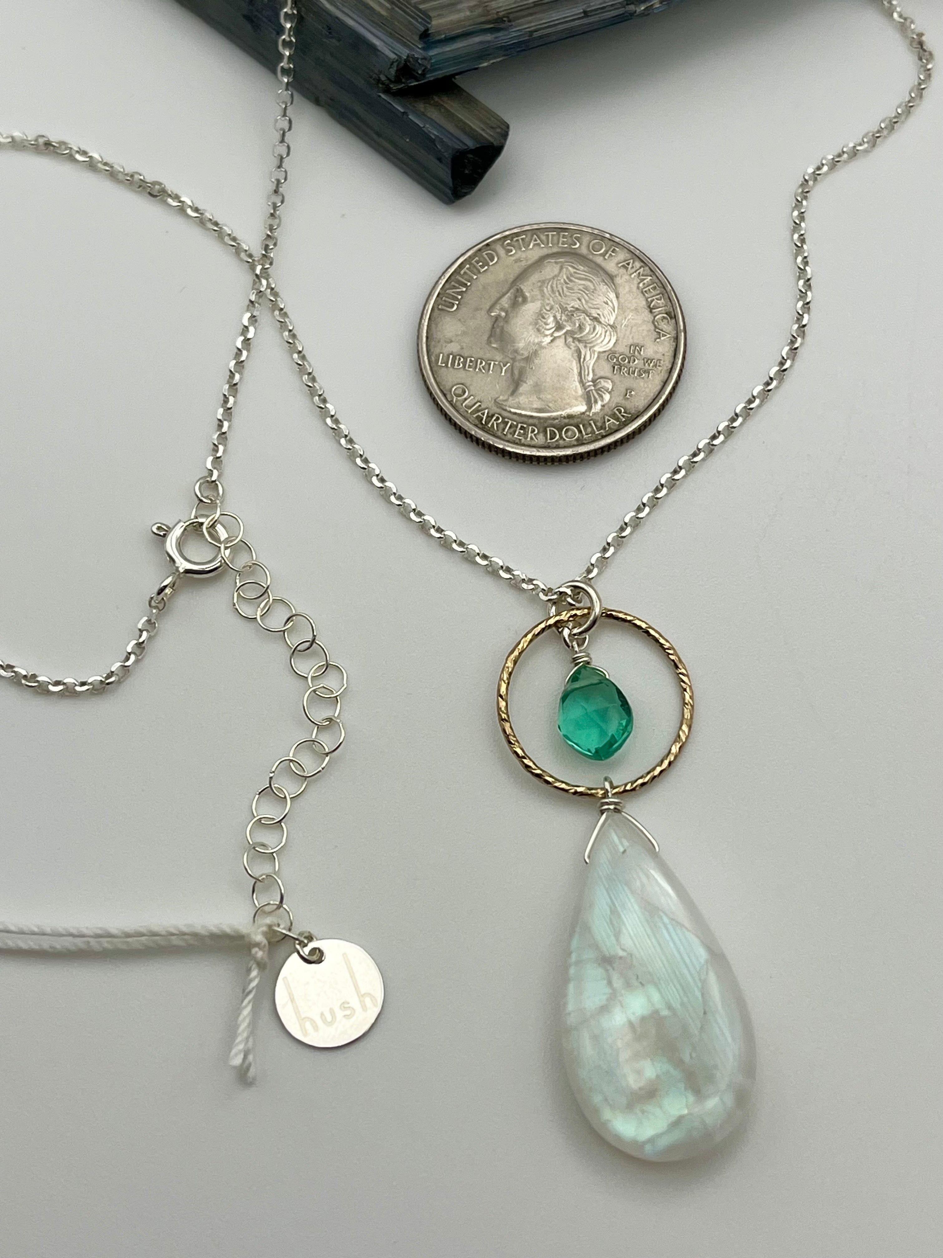 •LUNA• rainbow moonstone + paraiba quartz mixed metal necklace (18"-20" long)