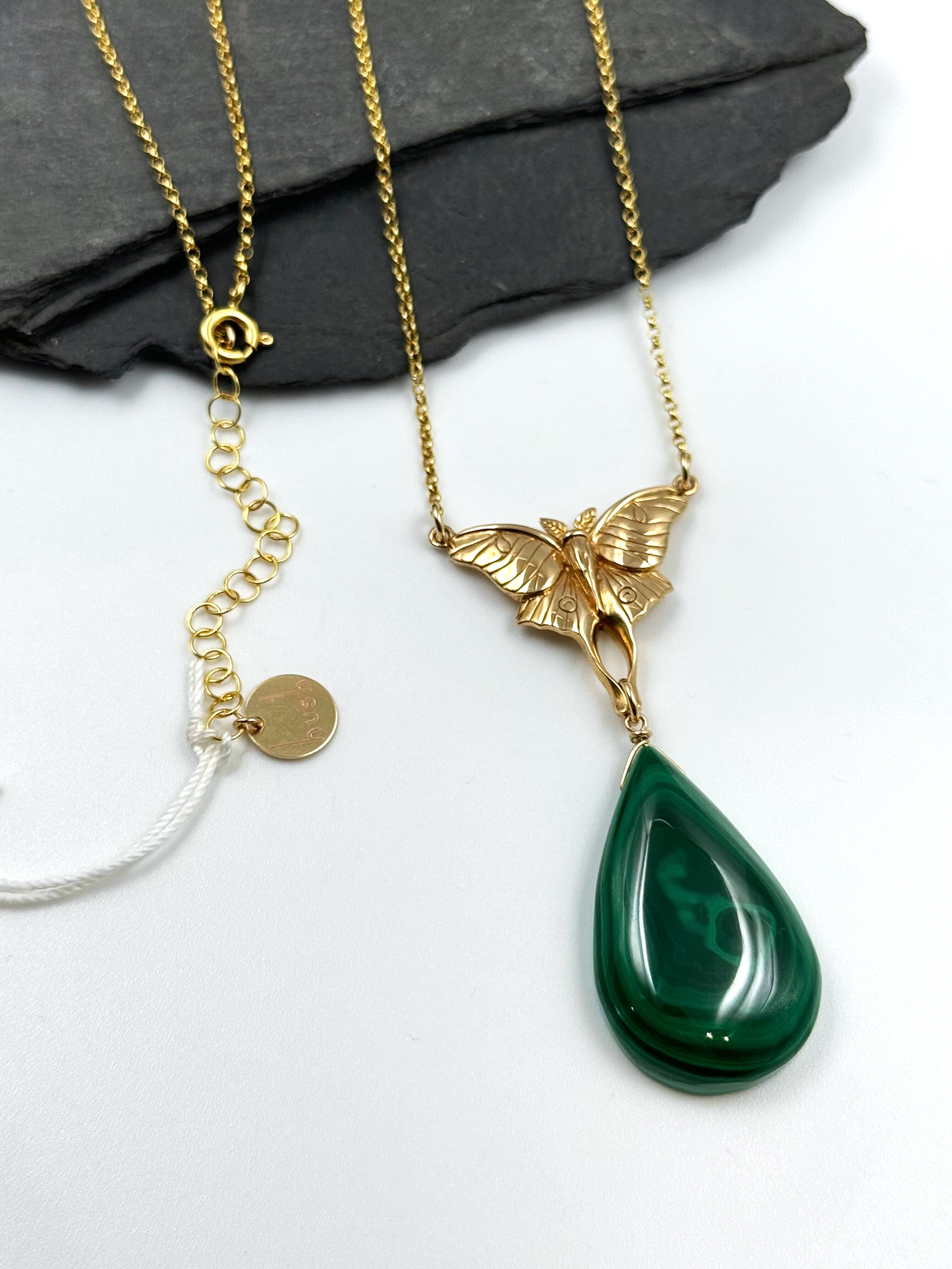 •GUIDE• malachite + moth + gold necklace (18"-20" long)