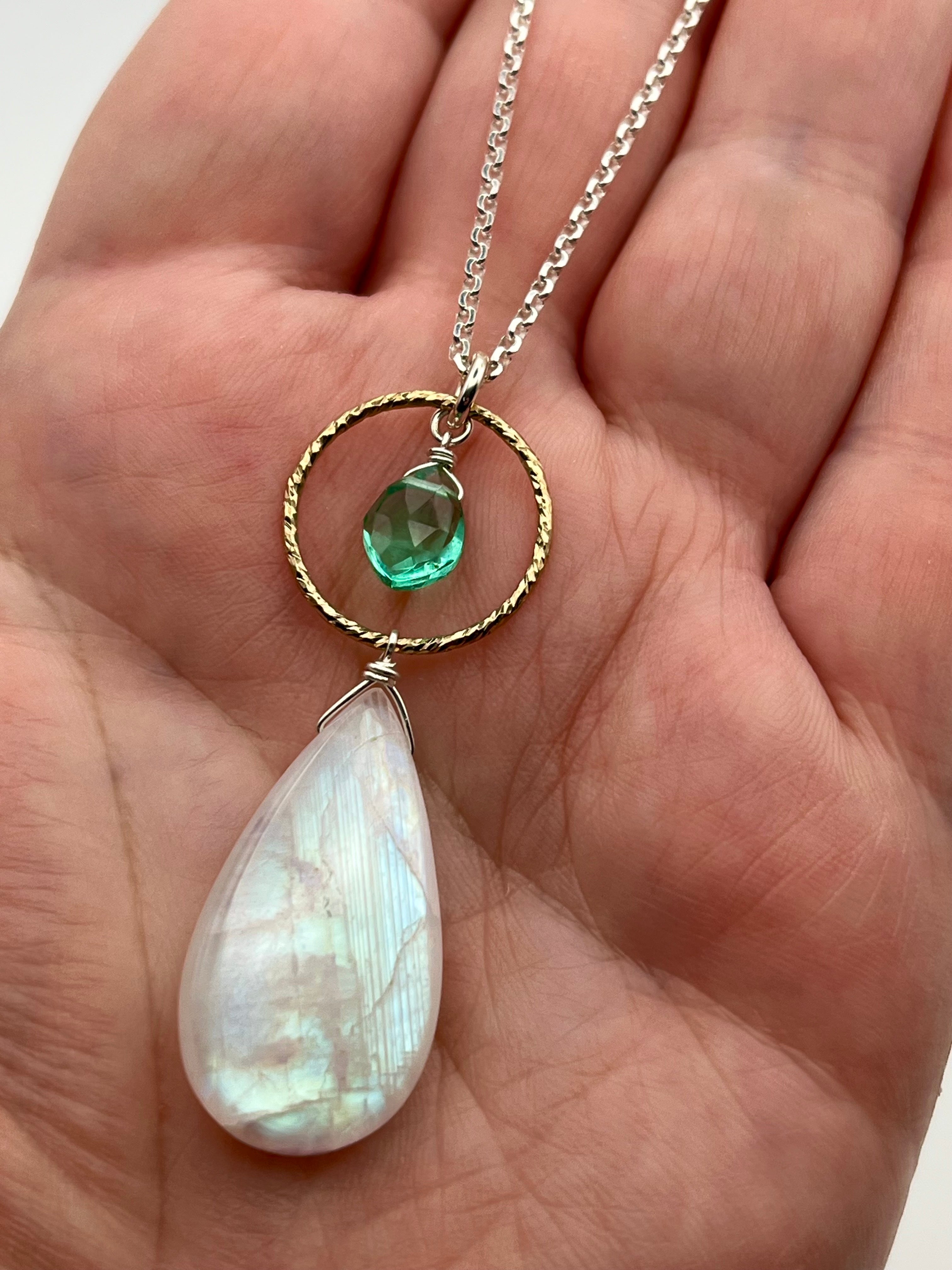 •LUNA• rainbow moonstone + paraiba quartz mixed metal necklace (18"-20" long)