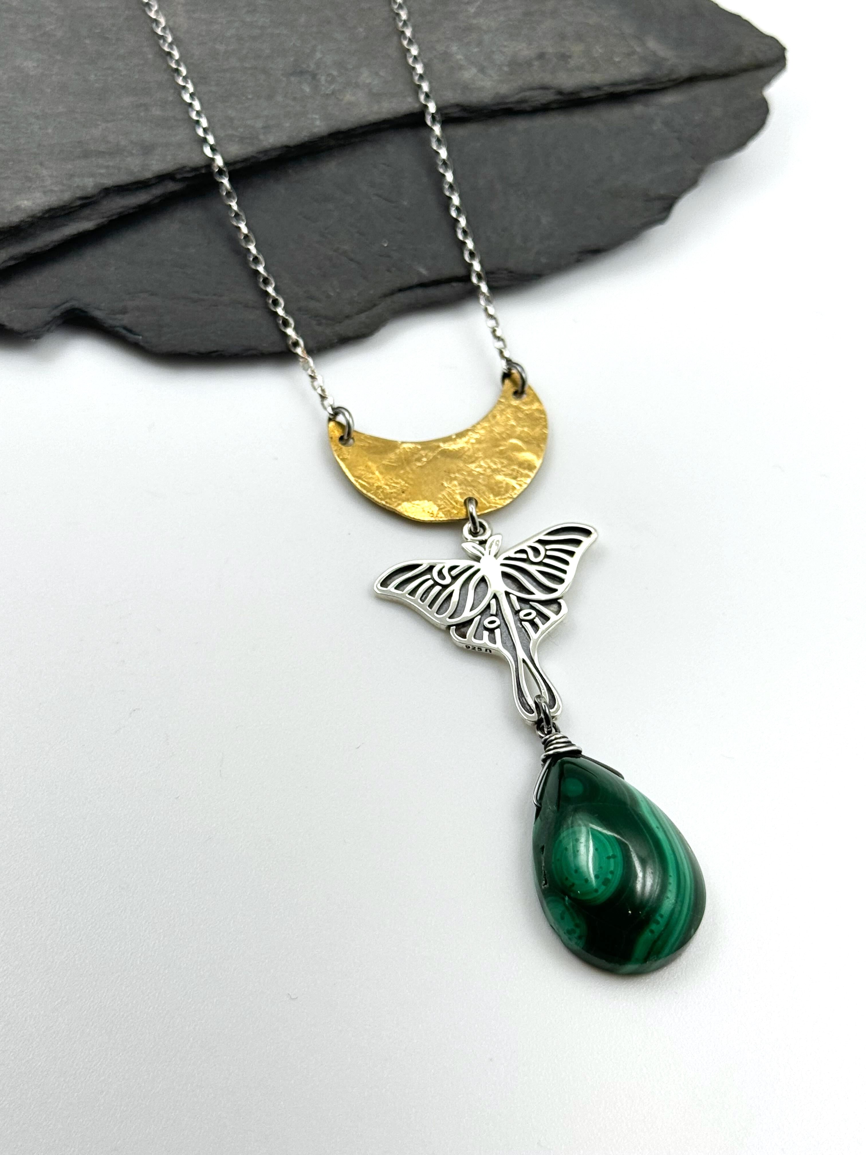 •GUIDE• malachite + moth + mixed metal necklace (18"-20" long)