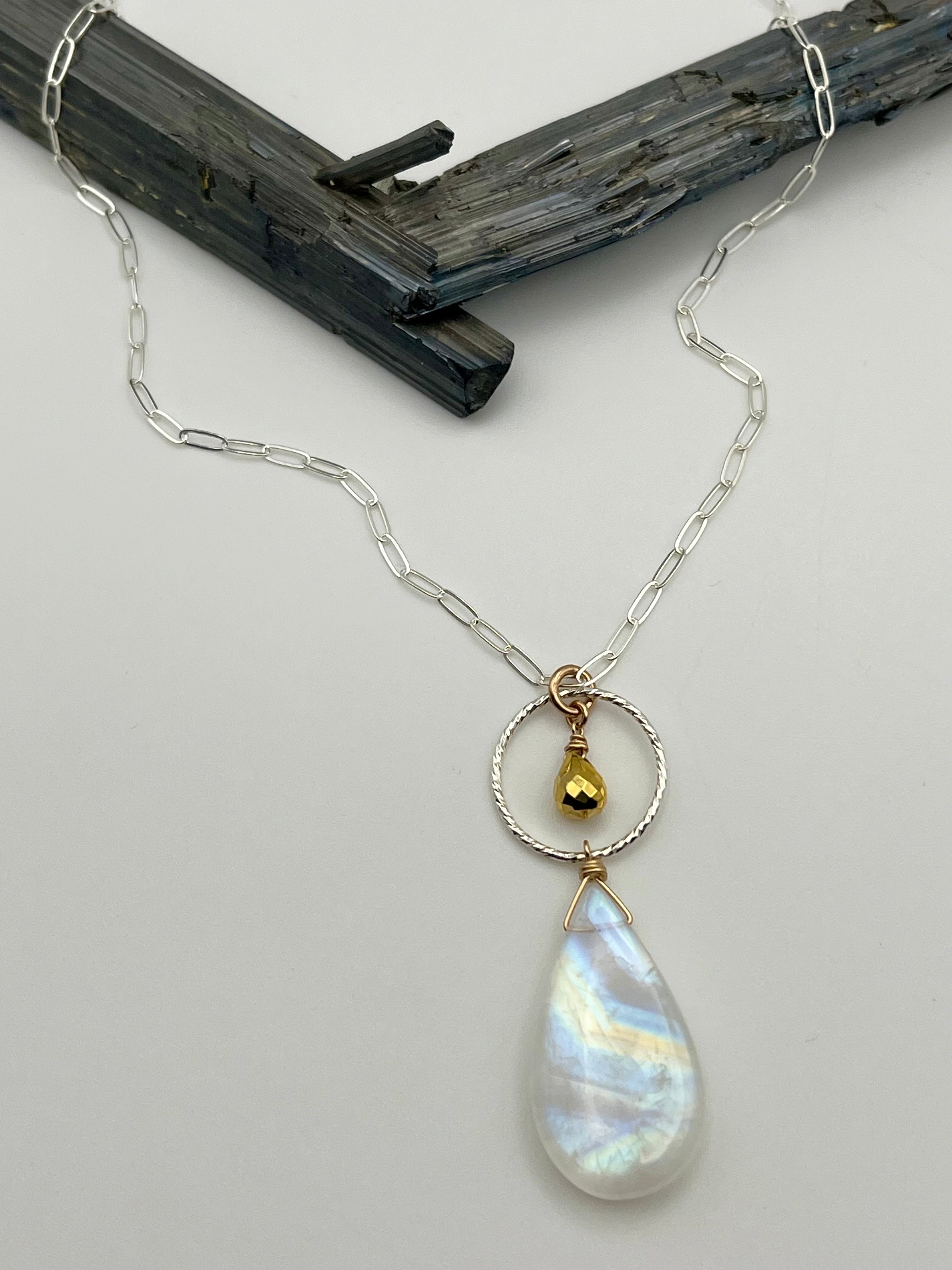 •LUNA• rainbow moonstone + gold pyrite mixed metal necklace (16"-18" long)