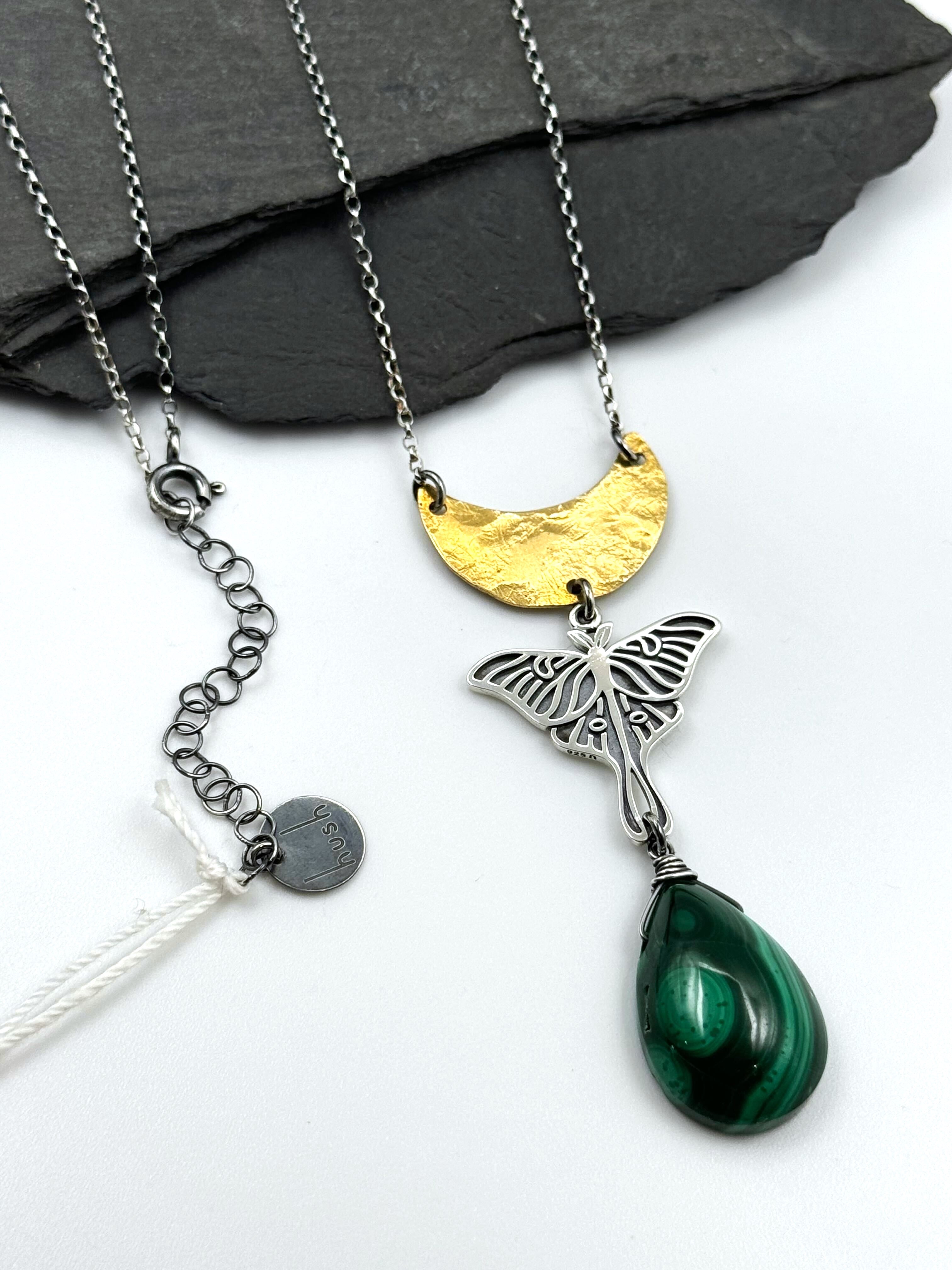 •GUIDE• malachite + moth + mixed metal necklace (18"-20" long)