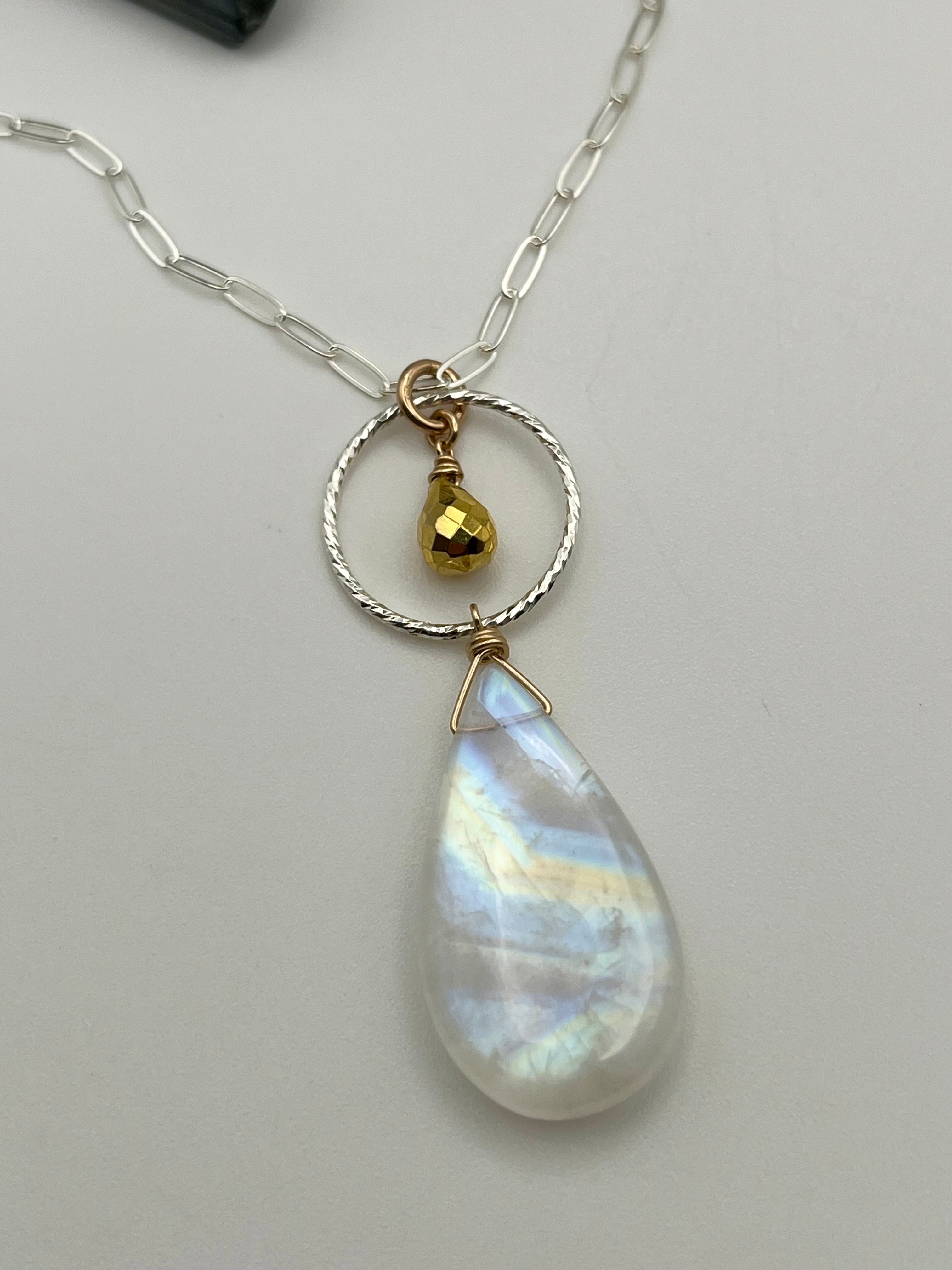 •LUNA• rainbow moonstone + gold pyrite mixed metal necklace (16"-18" long)