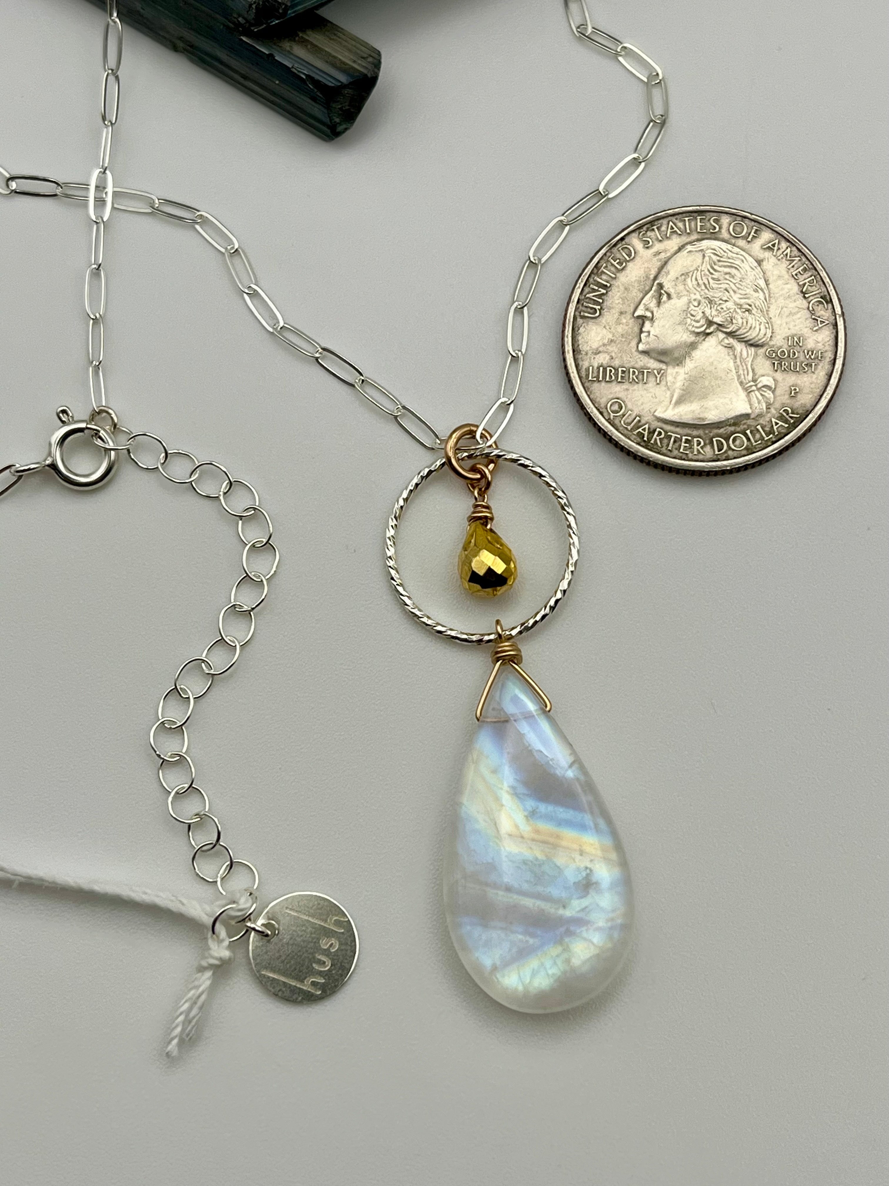 •LUNA• rainbow moonstone + gold pyrite mixed metal necklace (16"-18" long)