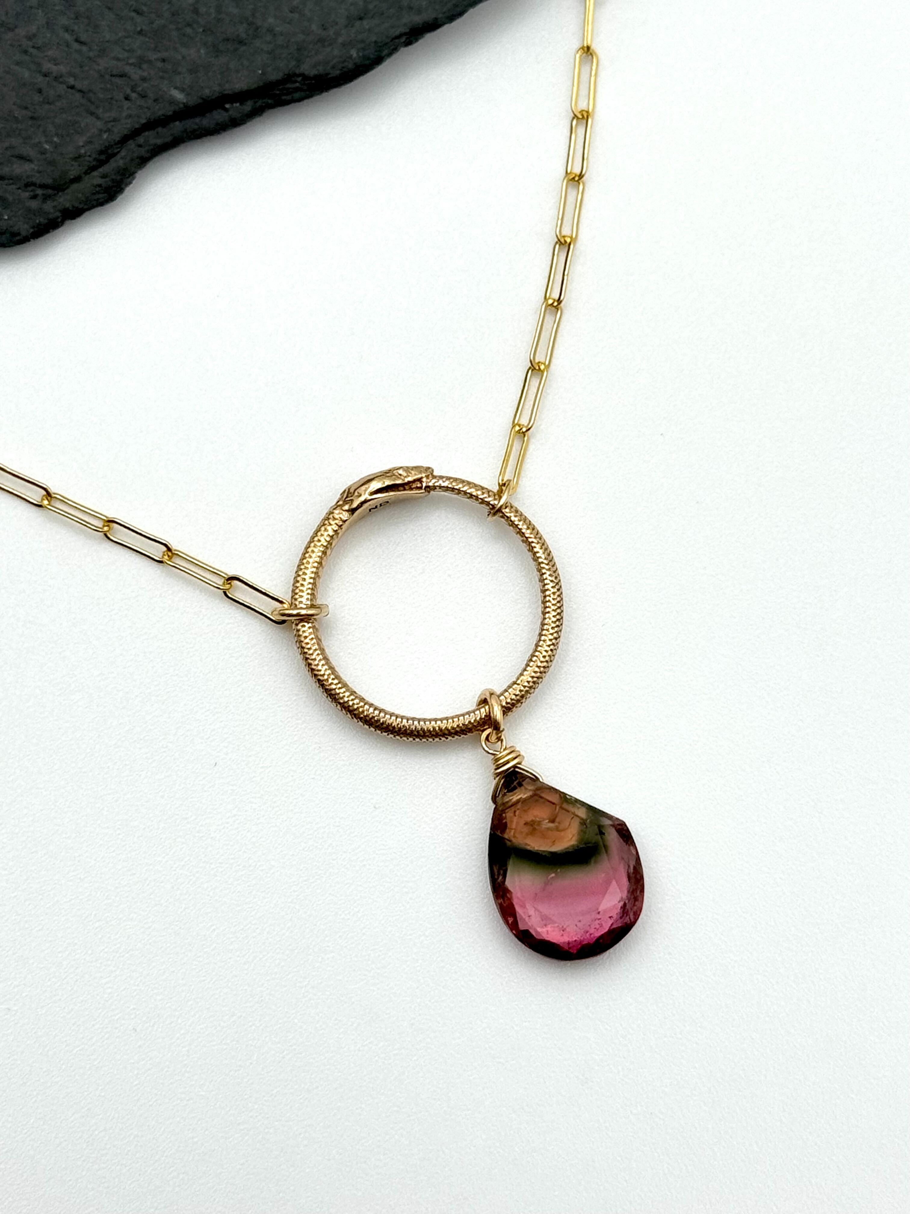 •SUEÑO• watermelon tourmaline + ouroboros + gold necklace (18"-20" long)