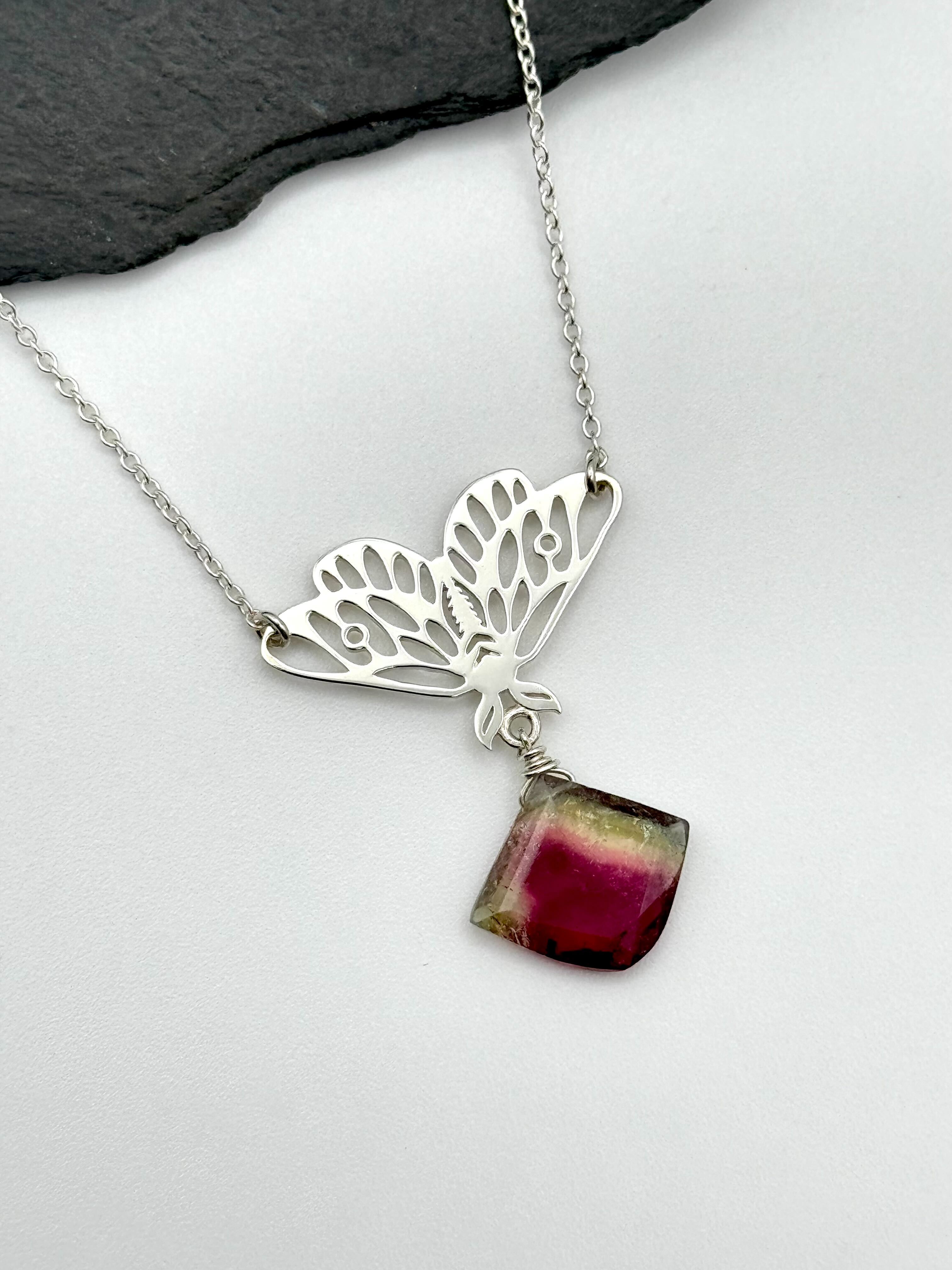 •GUIDE• watermelon tourmaline + moth + silver necklace (18"-20" long)