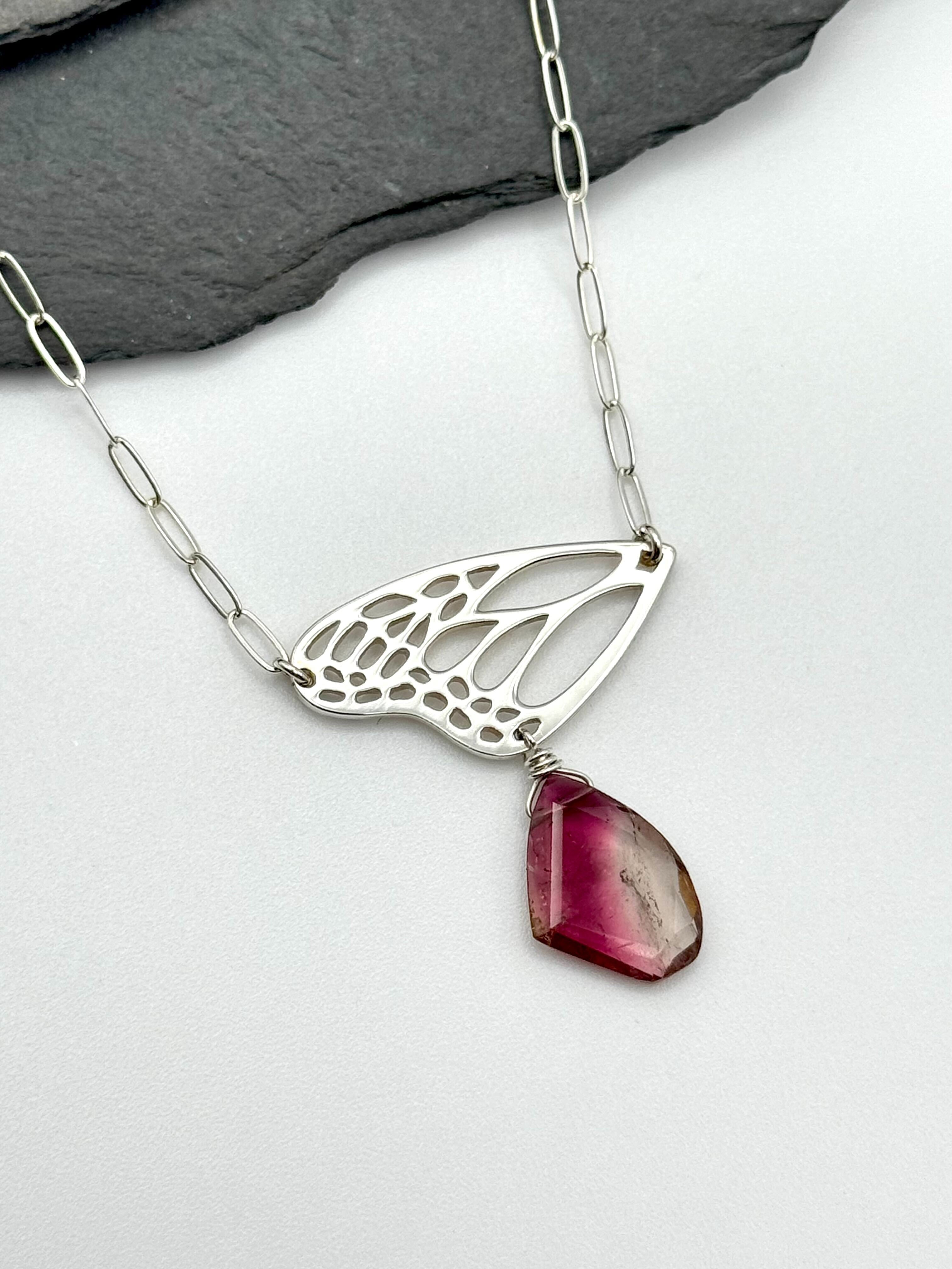 •RENEWAL• watermelon tourmaline + wing + silver necklace (18"-20" long)