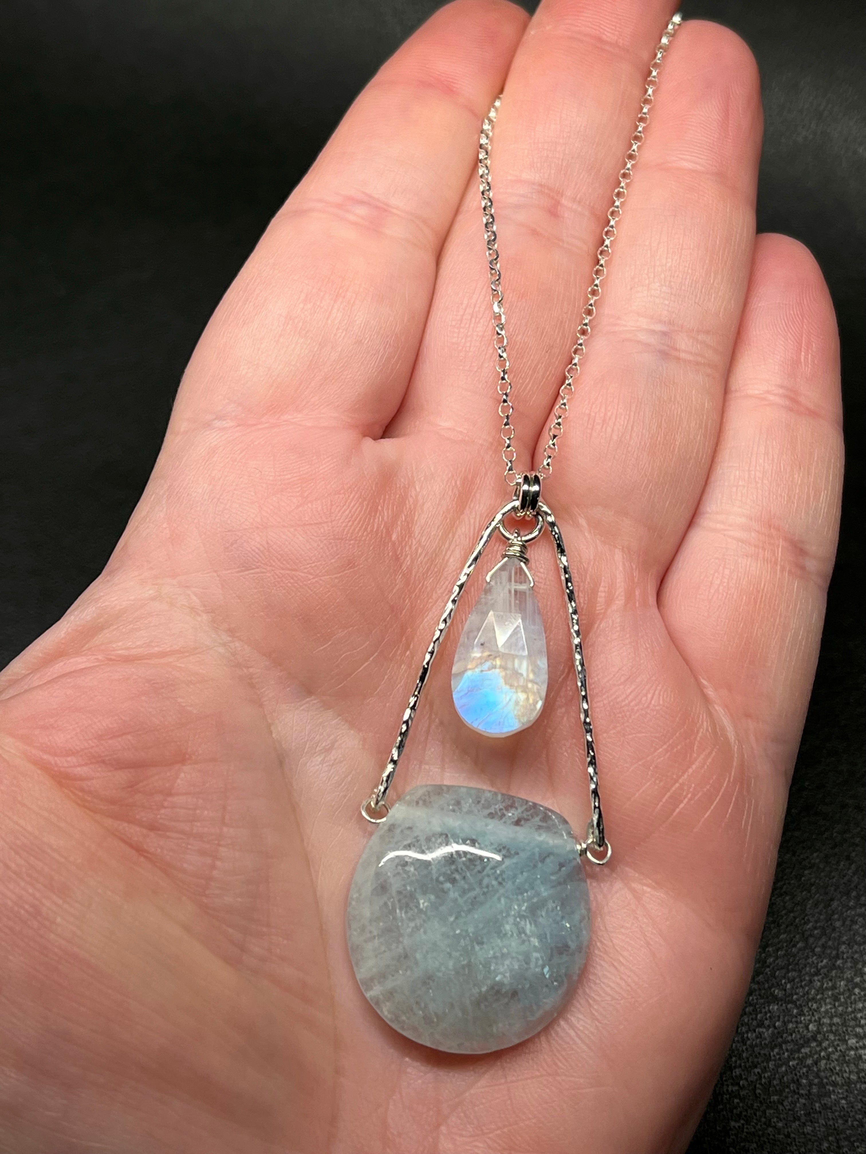 •AEON• aquamarine + rainbow moonstone + silver necklace (18"-20")
