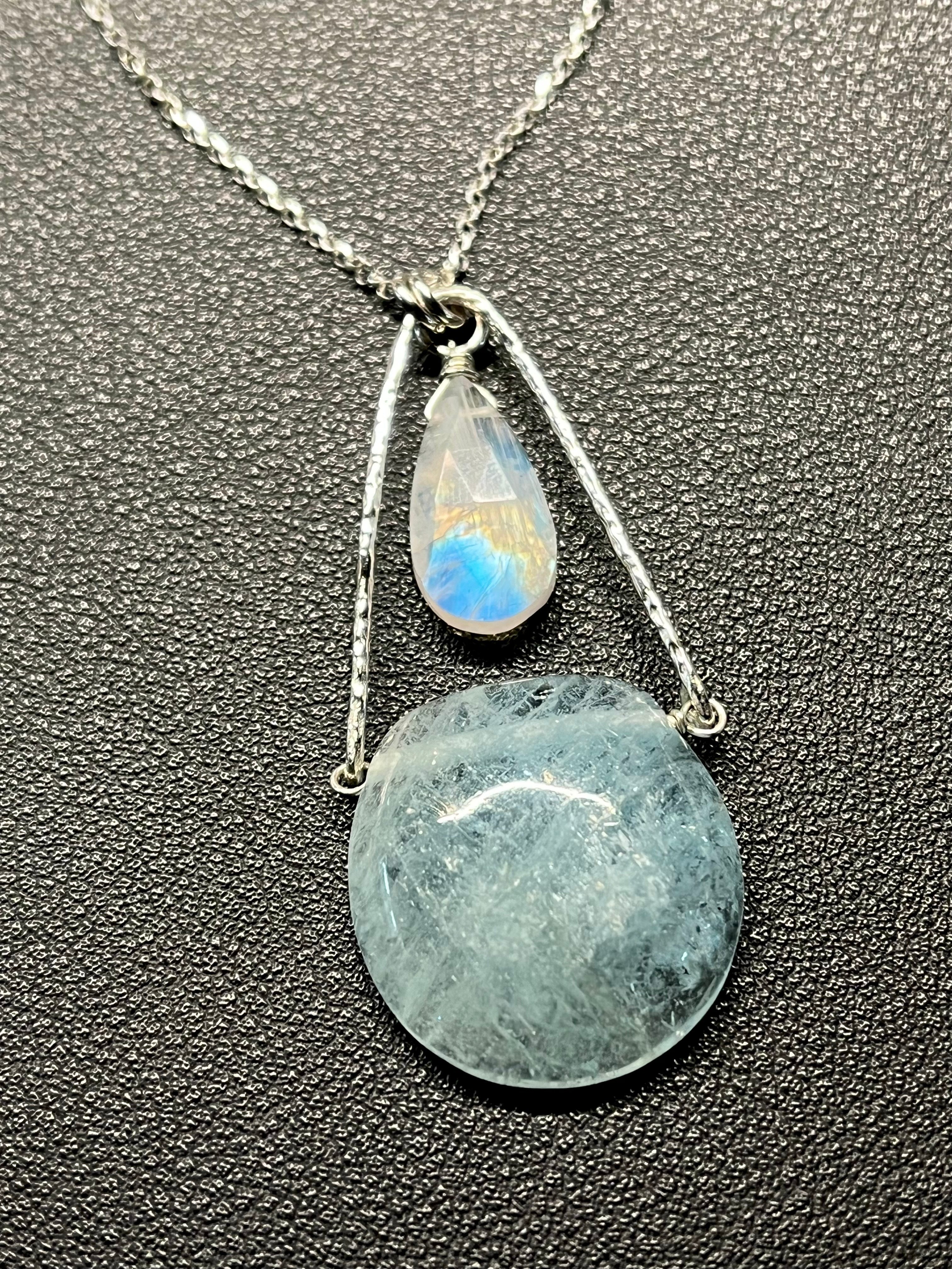 •AEON• aquamarine + rainbow moonstone + silver necklace (18"-20")