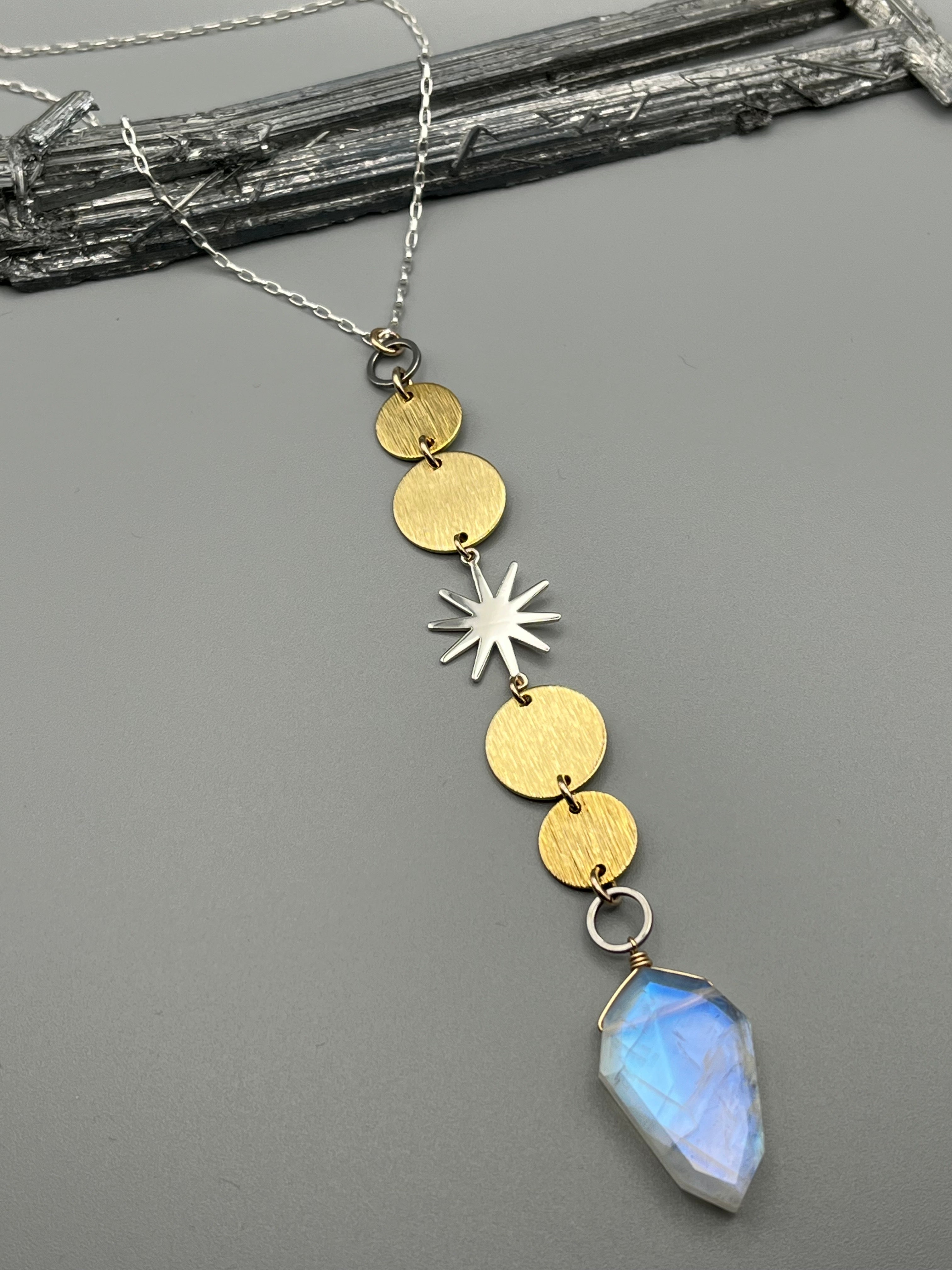 •NYX• rainbow moonstone + mixed metal necklace (26"-30" long)