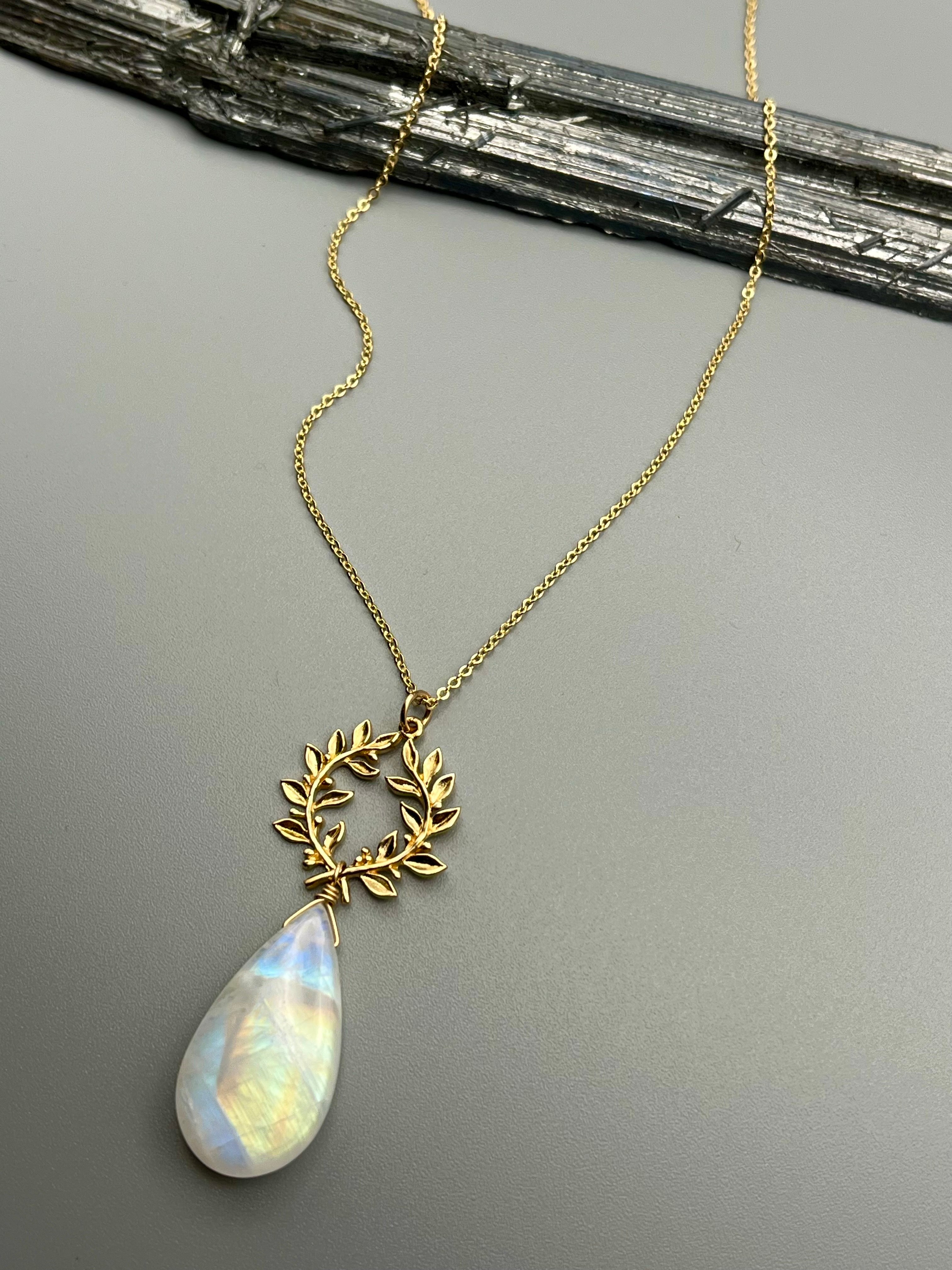 •ALCHEMY• rainbow moonstone + laurel leaves mixed metal necklace (28"-30" long)