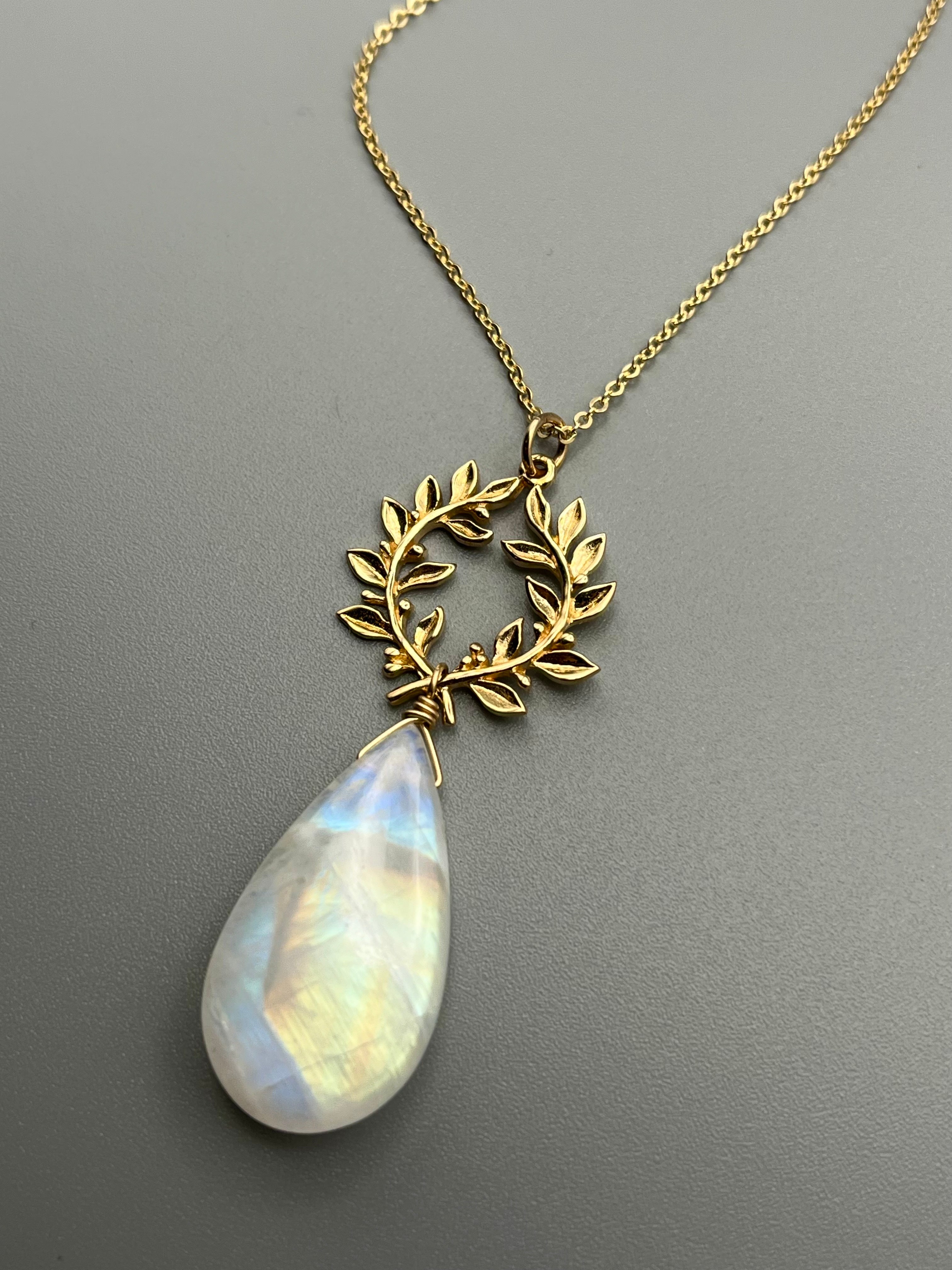 •ALCHEMY• rainbow moonstone + laurel leaves mixed metal necklace (28"-30" long)